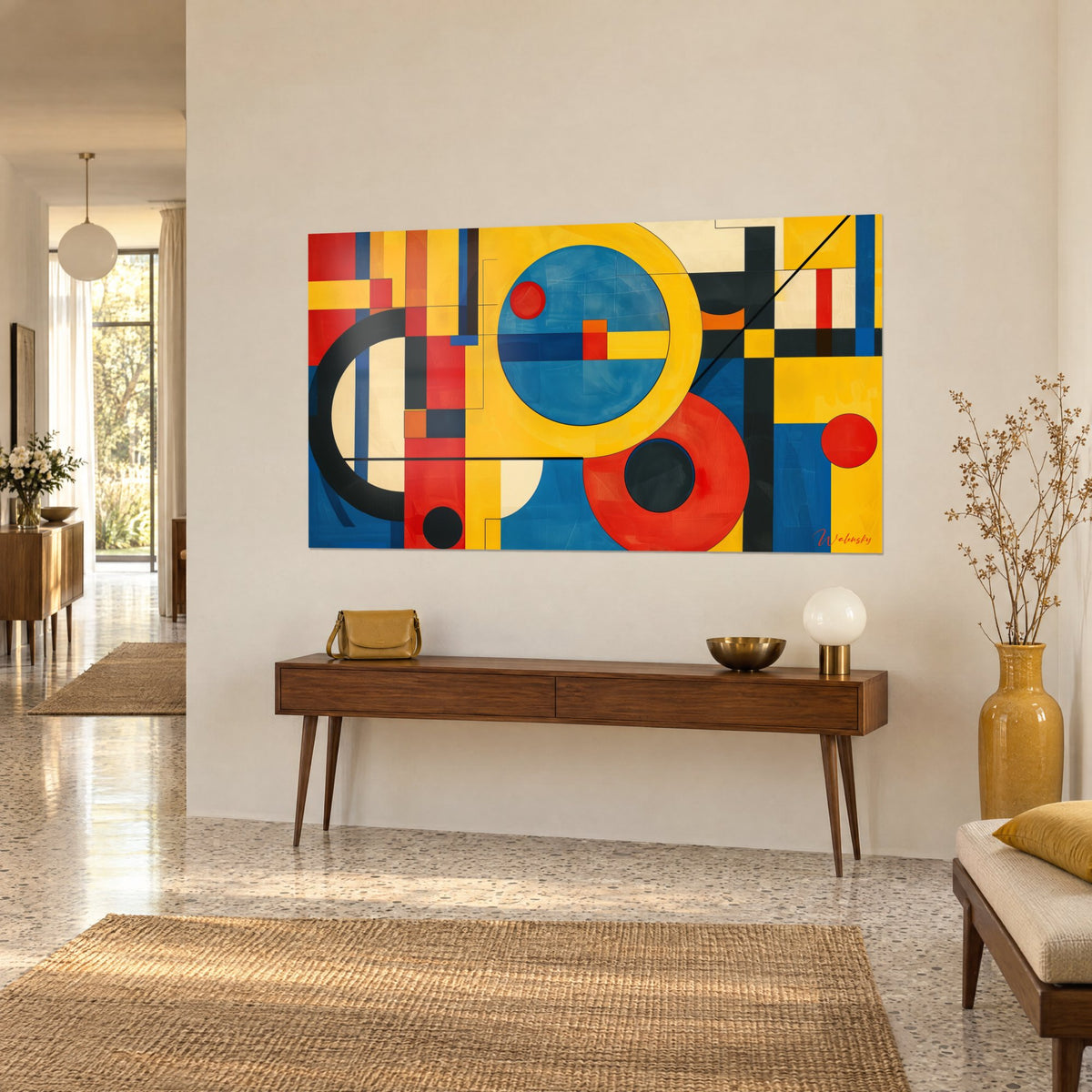Tableau art abstrait façon Bauhaus, disque rouge et anneau jaune sur fond bleu, mur blanc, console en bois, hall lumineux