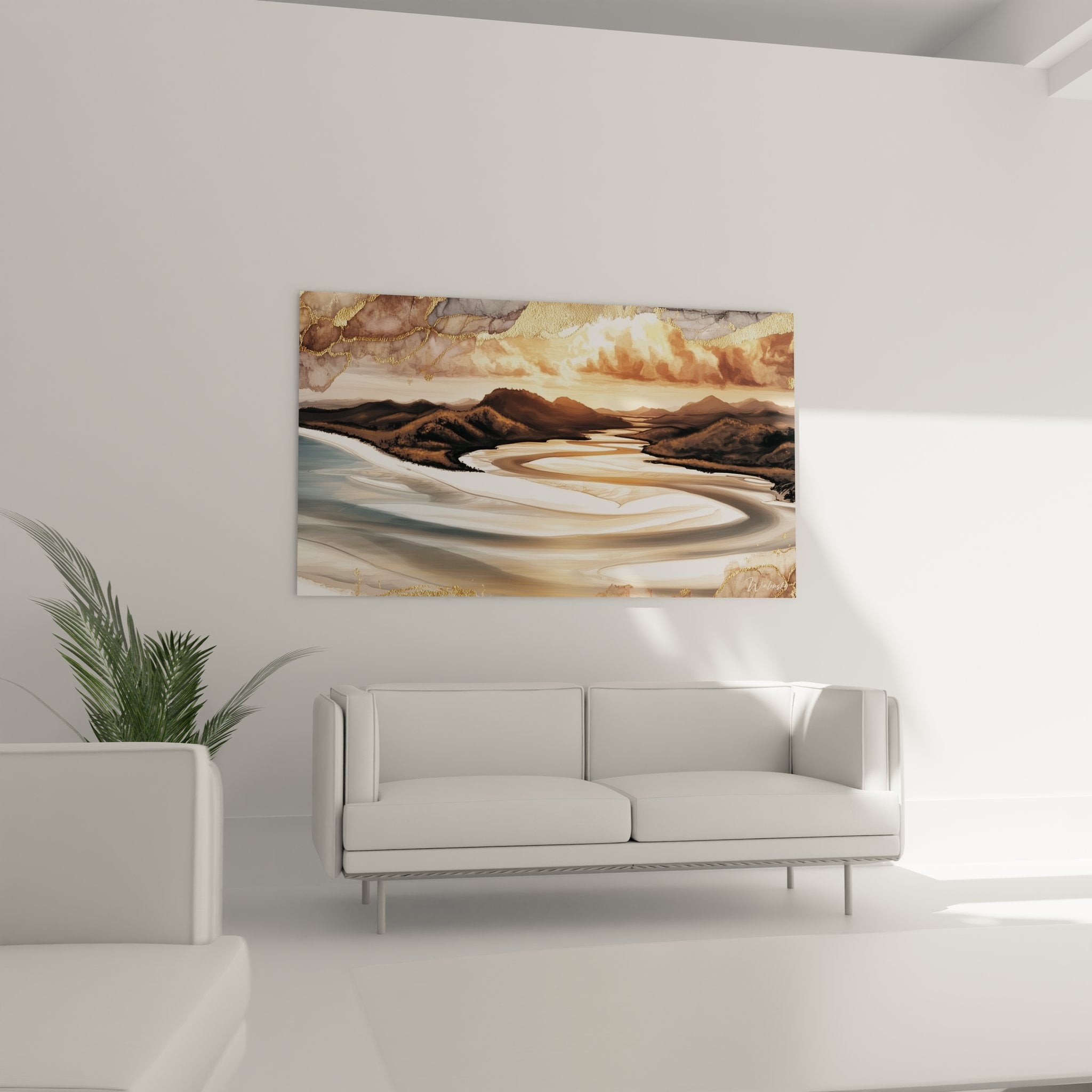 Détail gros plan tableau abstrait côtier, textures dorées et veines métalliques sur paysage marin