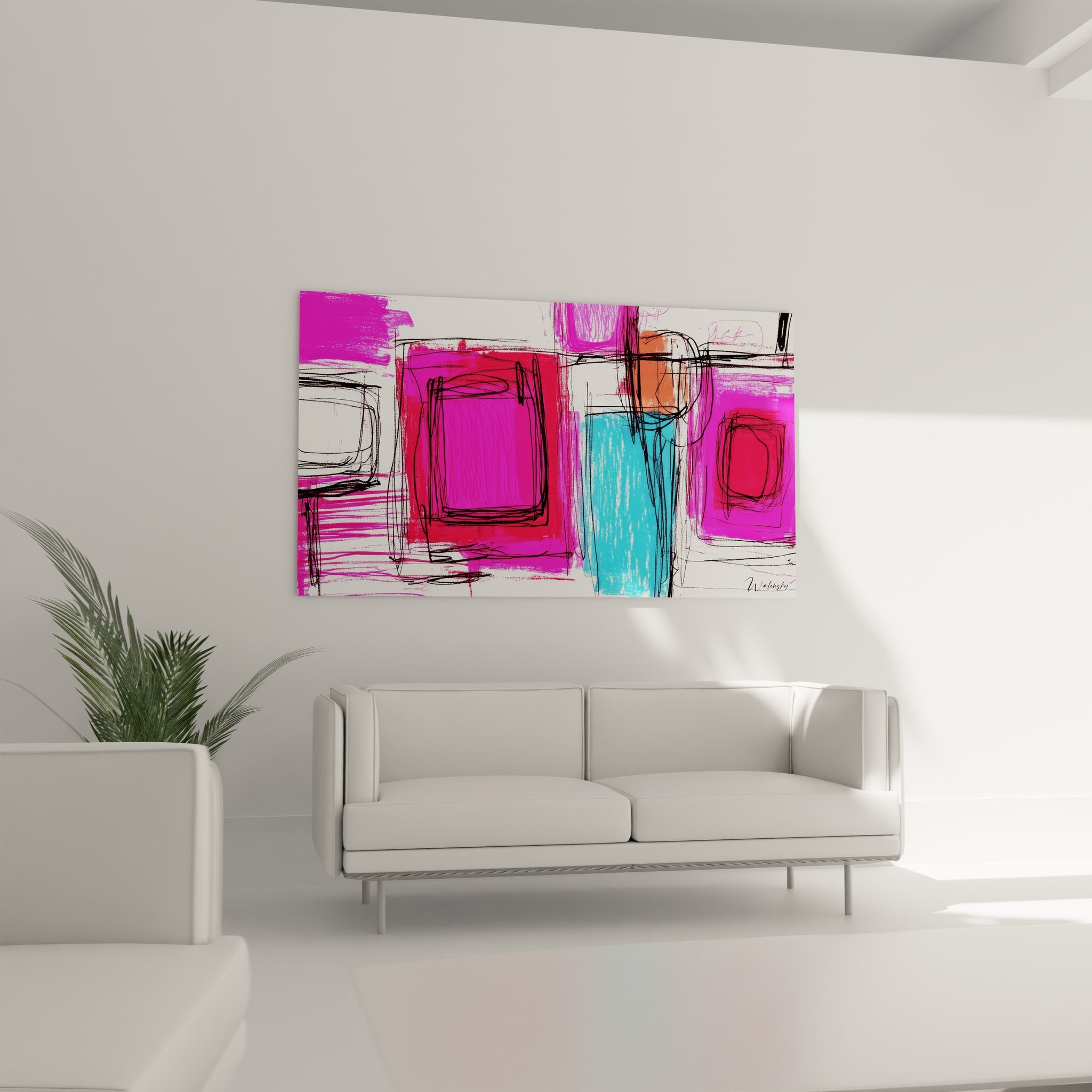 Détail rapproché tableau abstrait montrant textures couleurs vives et traits expressifs dessin géométrique