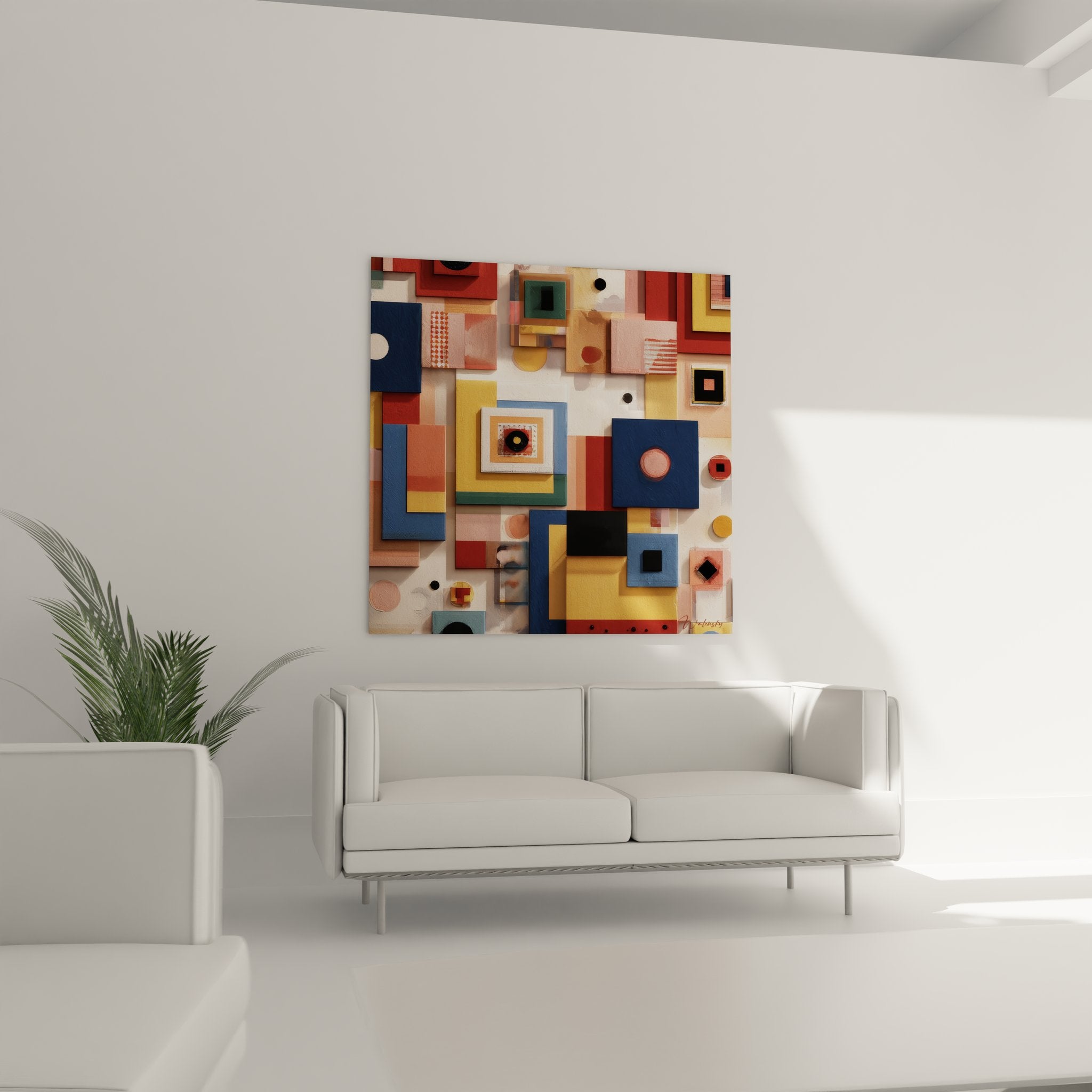 Détail rapproché tableau abstrait culture africaine montrant textures et superpositions géométriques