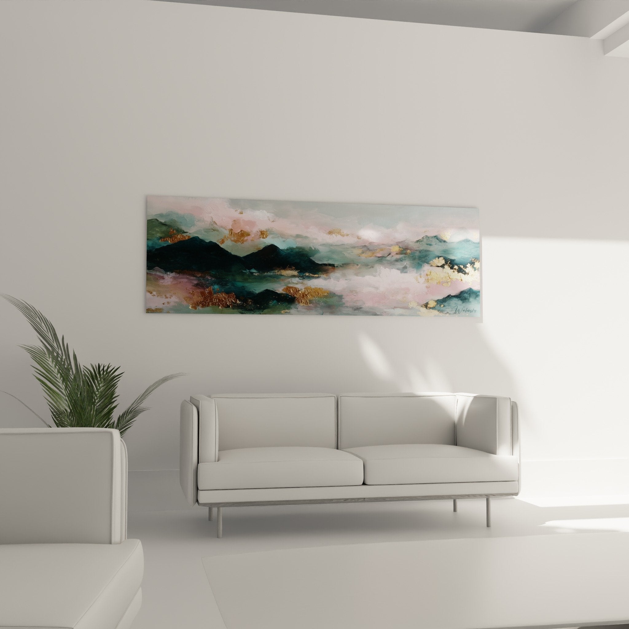 Abstract mountain painting detail gold leaf pink turquoise texture feng shui southeast wood