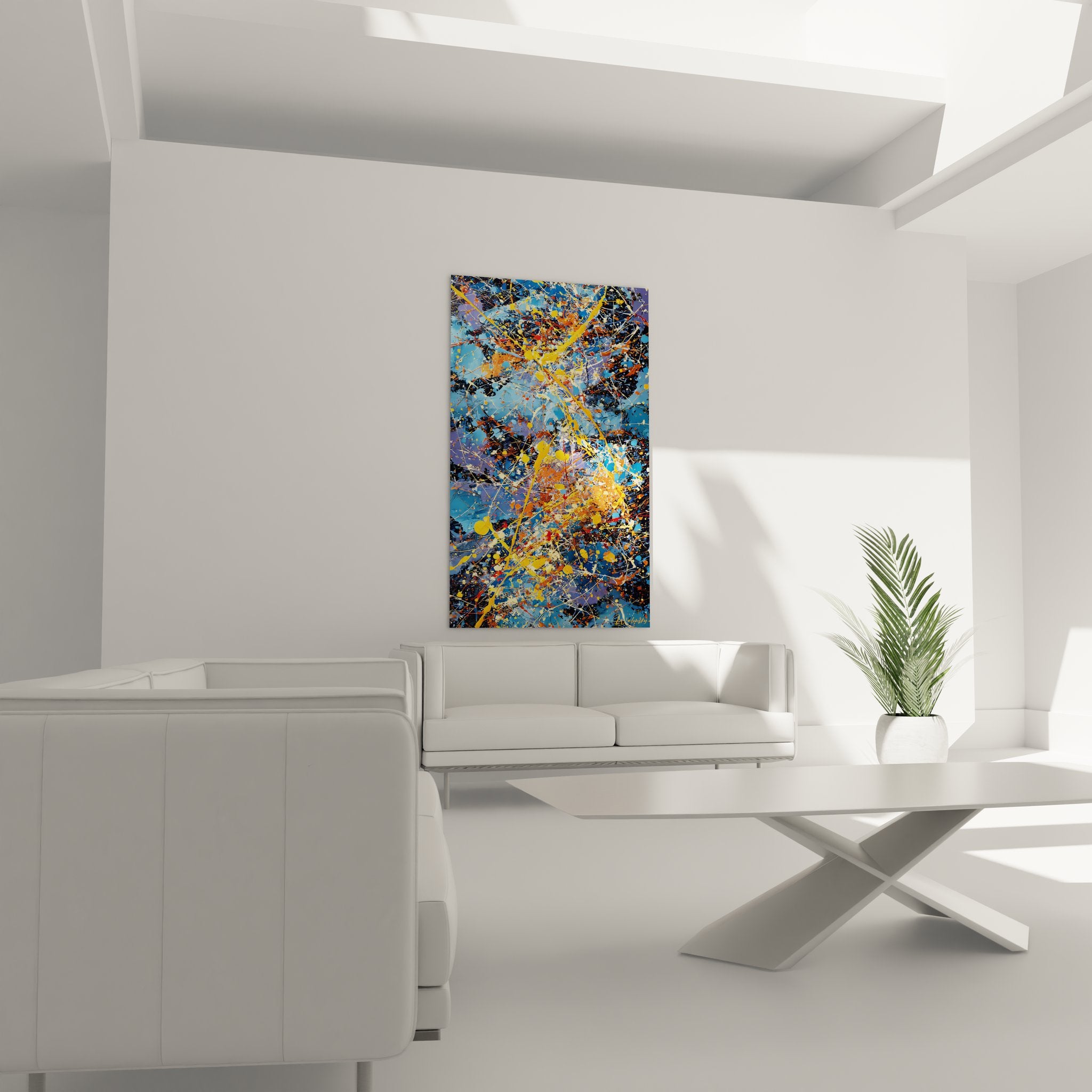 Détail gros plan tableau abstrait éclaboussures peinture couleurs vives texture gestuelle art contemporain
