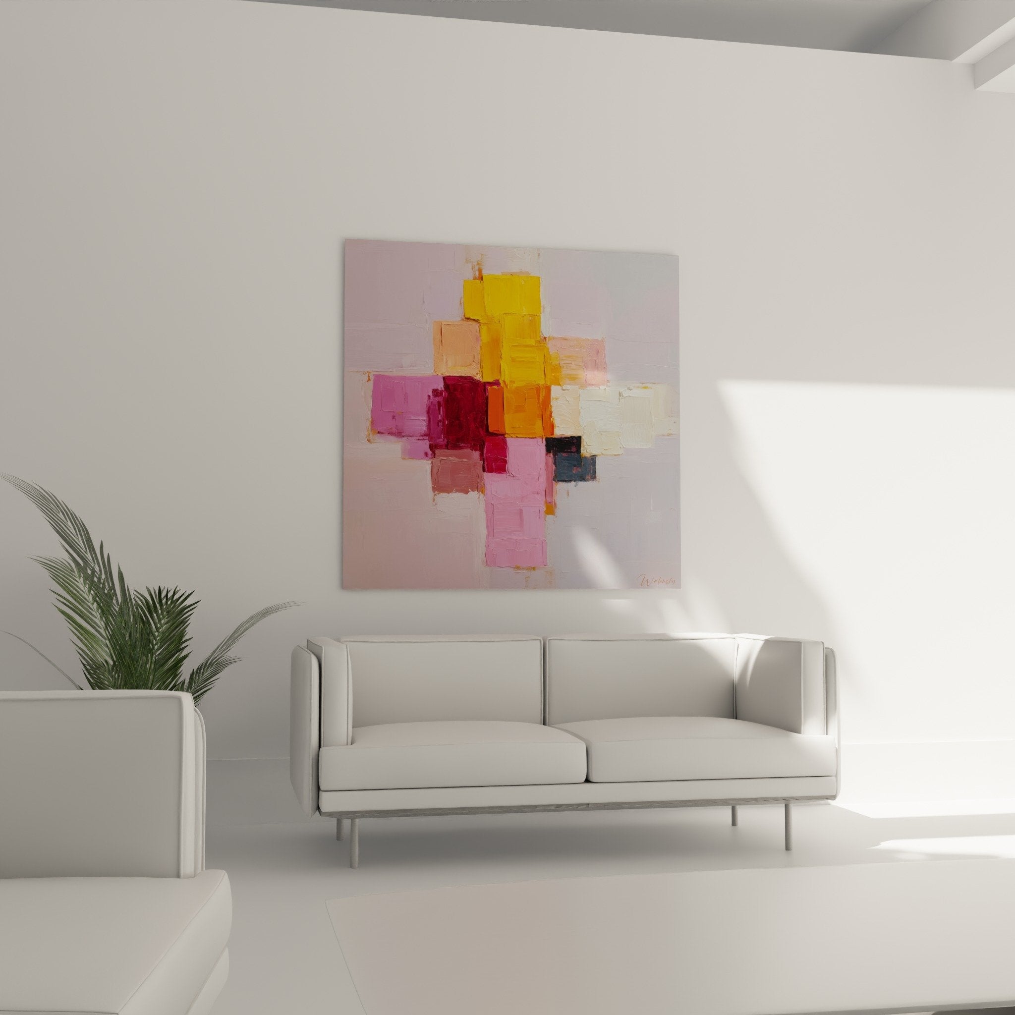 Detail of abstract painting thick impasto paint geometric shapes vibrant colors textured rough surface