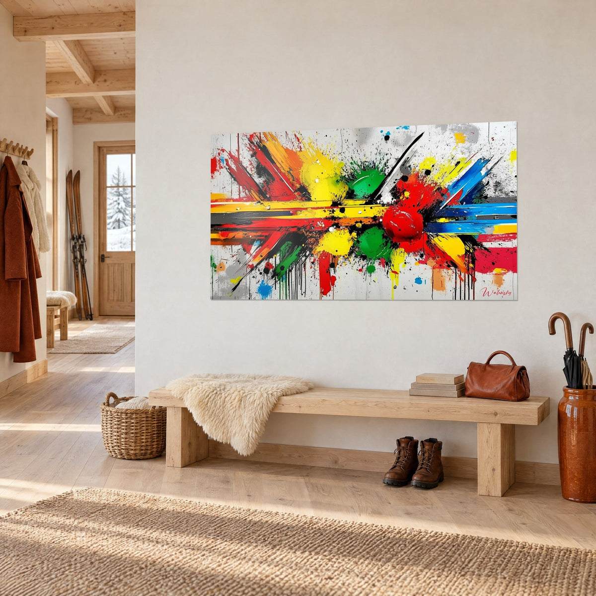 Wall art burst of abstract splashes, yellow and blue shards on a light grey background, seen from three-quarter angle, above a wooden bench
