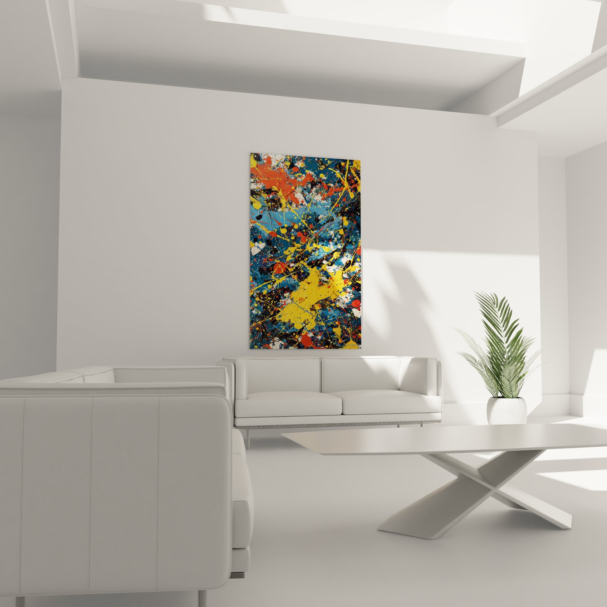 Détail tableau abstrait explosion couleurs peinture gestuelle textures colorées jaune bleu