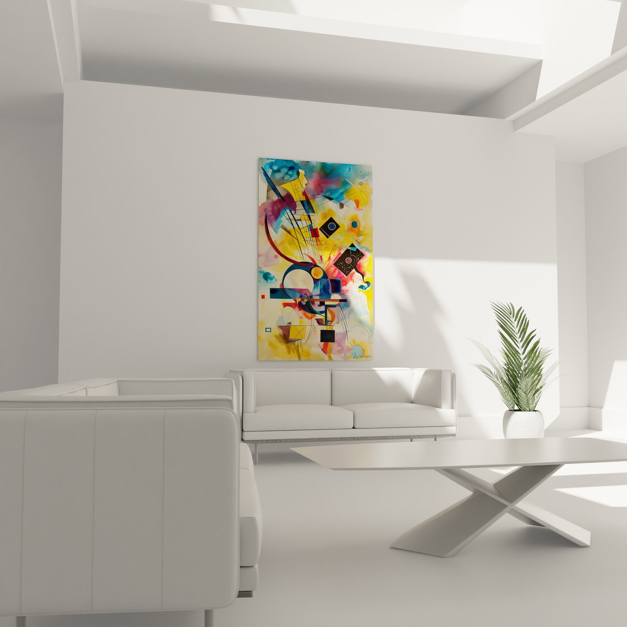 Détail rapproché tableau abstrait expressionniste montrant textures colorées et formes géométriques