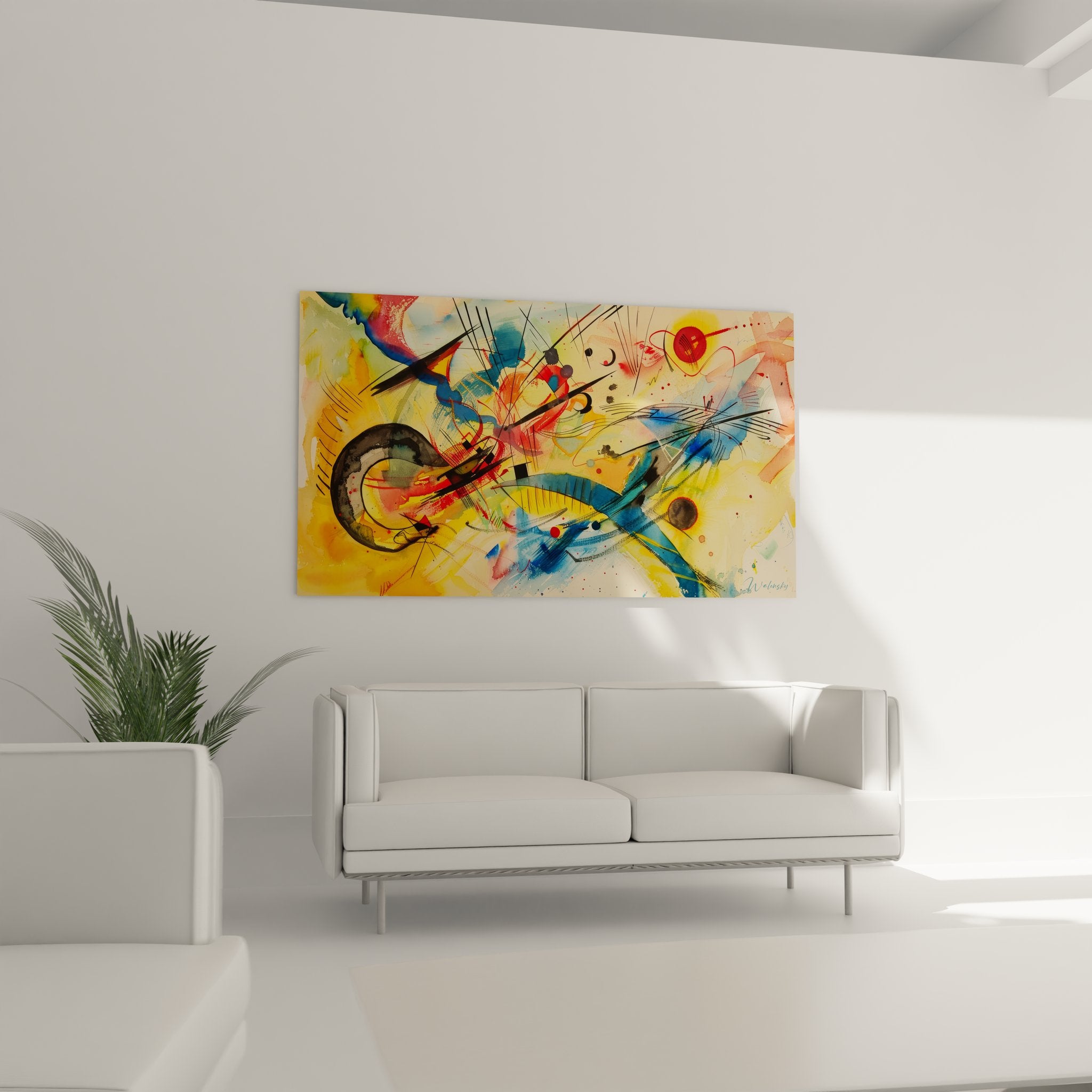 Détail gros plan tableau expressionniste abstrait lignes noires cercles couleurs vibrantes texture