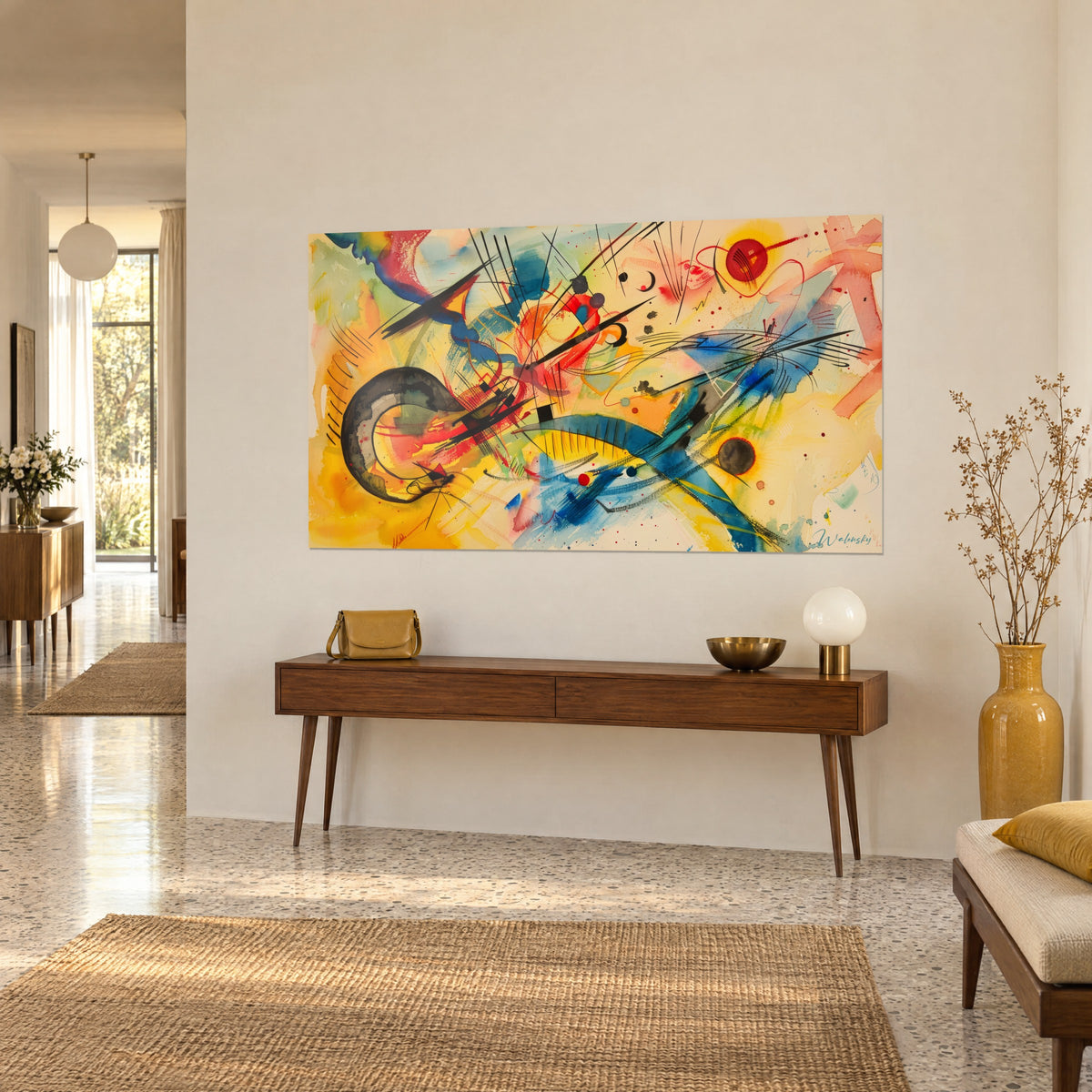 Schilderij symfonie van aquarelvormen, turquoise blauwe en feloranje krommen, op een beige muur naast een houten console