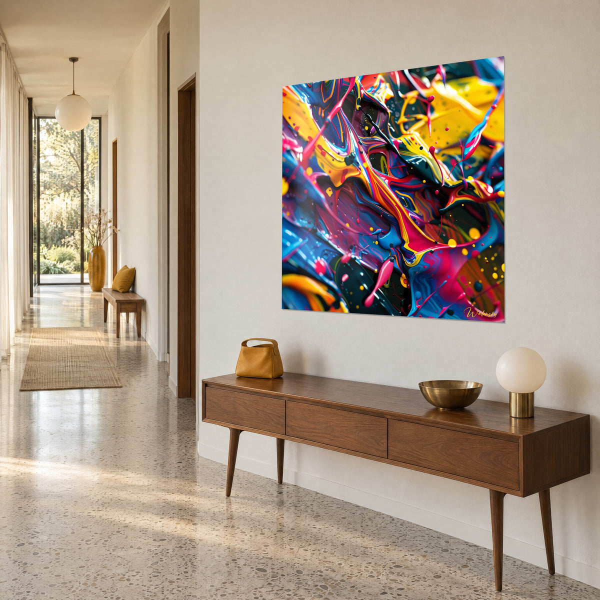 Tableau coulées de peinture acrylique magenta et jaune vif sur fond noir, vu de trois-quarts, au-dessus d'une console en bois