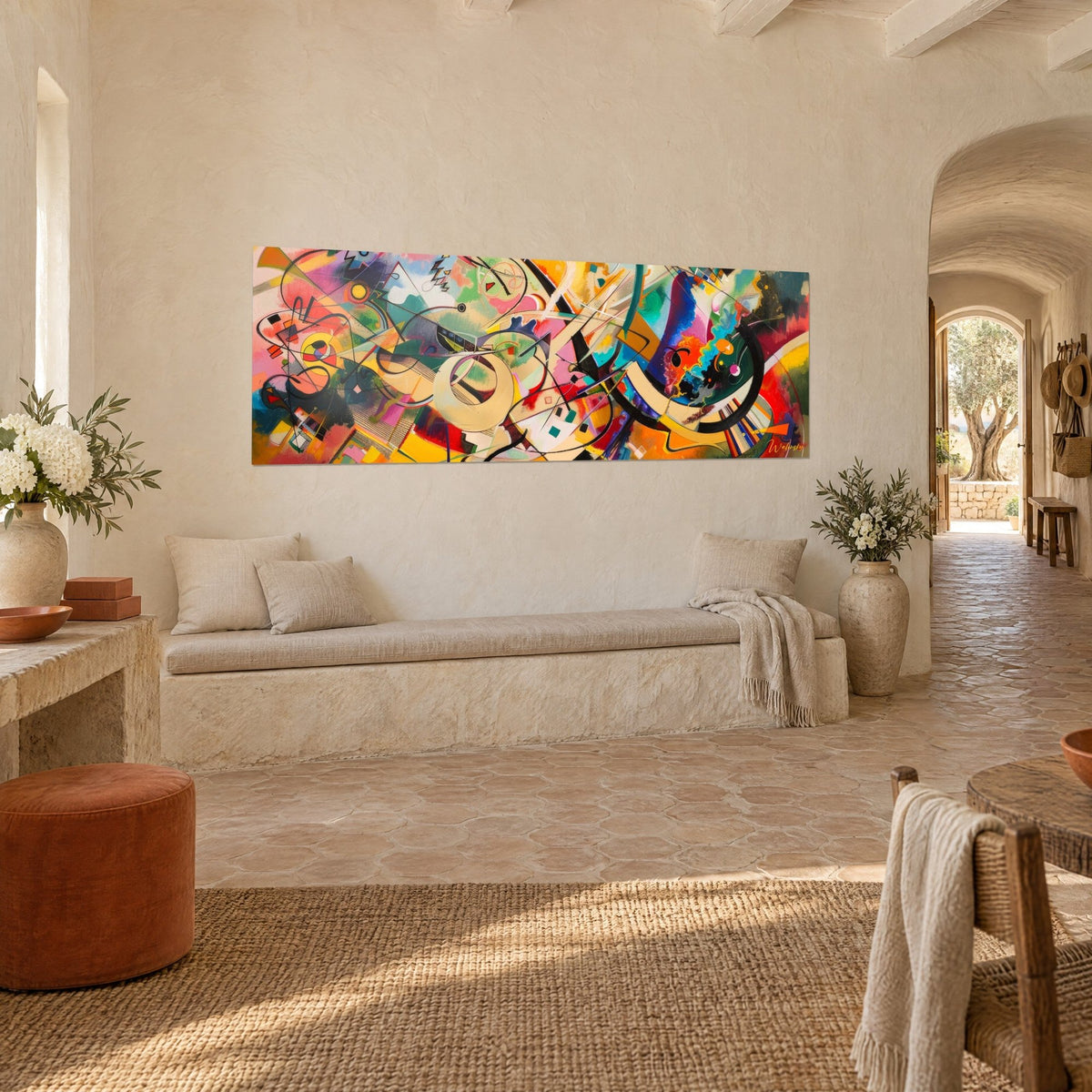 Tableau panoramique d'arcs, triangles et lignes noires sur fond turquoise et rose, vu de trois-quarts, mur chaulé d'un mas provençal