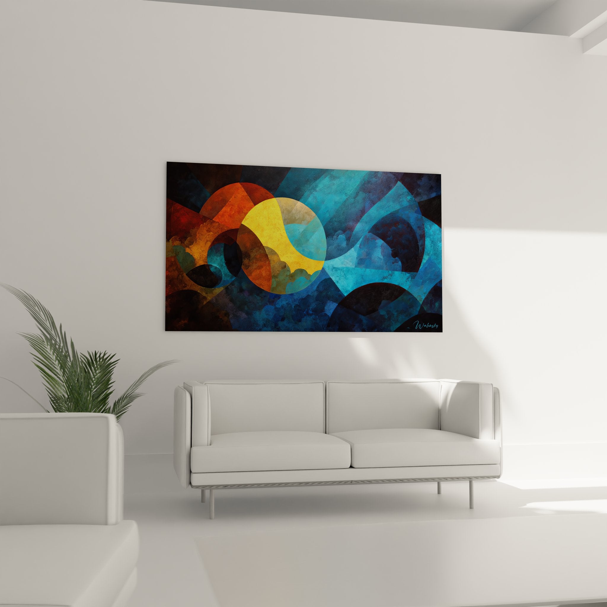 Gros plan détail tableau abstrait géométrique montrant formes circulaires et palette colorée orange bleu