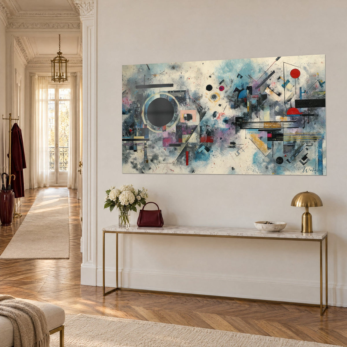 Obraz Zorganizowany chaos geometrycznych kształtów w turkusowym niebieskim i pudrowym różu na kości słoniowej tle, widok z trzech czwartych w korytarzu w stylu haussmannowskim