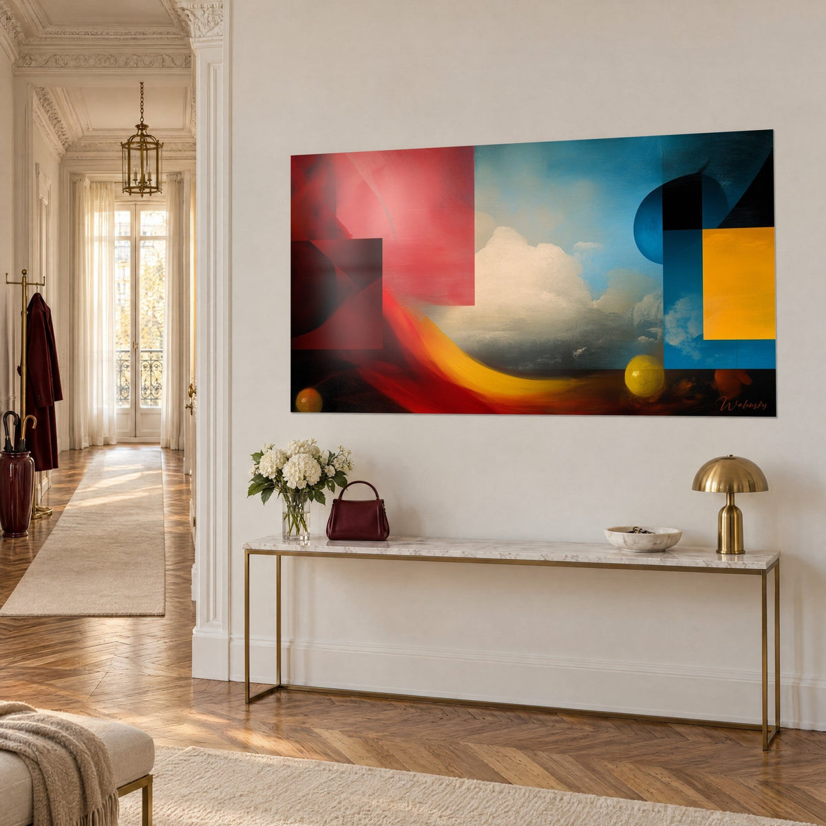 Gemälde mit abstrakter Komposition aus purpurroten Quadraten, nachtblauem Oval und bernsteingelbem Rechteck, helle Wolke, an einer Wand im Haussmann-Stil
