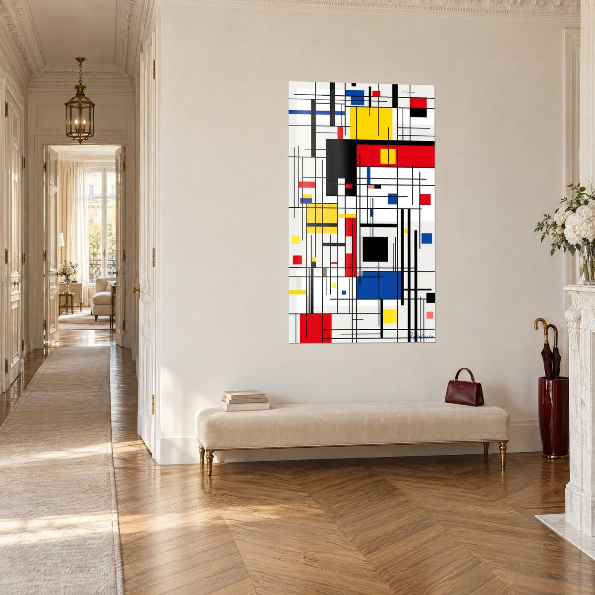 Tableau abstrait façon Mondrian, grand rectangle jaune et carré noir cernés de traits, en vue de trois-quarts dans un couloir