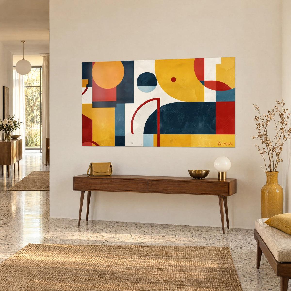 Tableau mosaïque de formes géométriques jaune moutarde et rouge brique, arc rouge fin, sur une console en bois dans un couloir lumineux