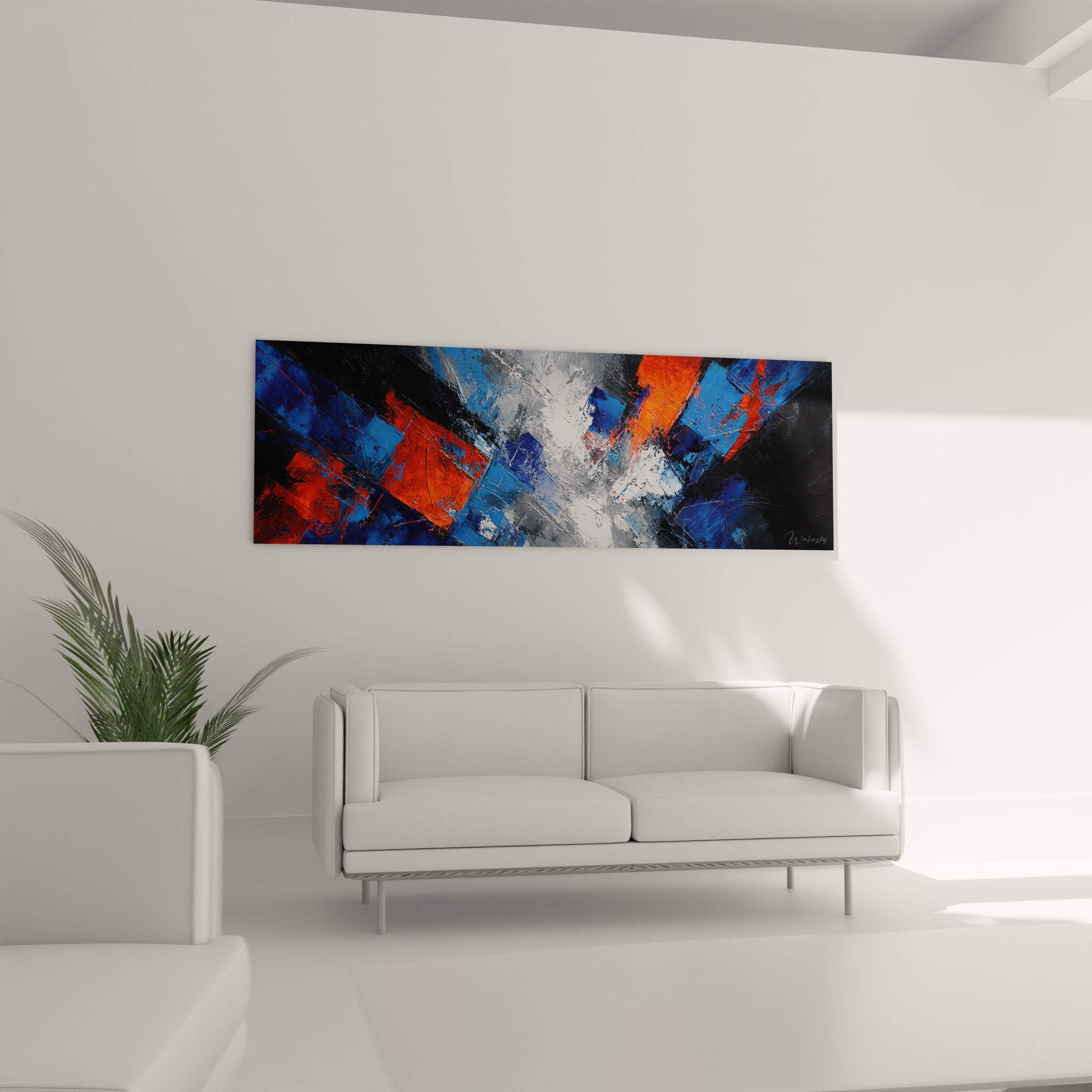 Détail gros plan tableau abstrait géométrique montrant textures et superposition des couleurs