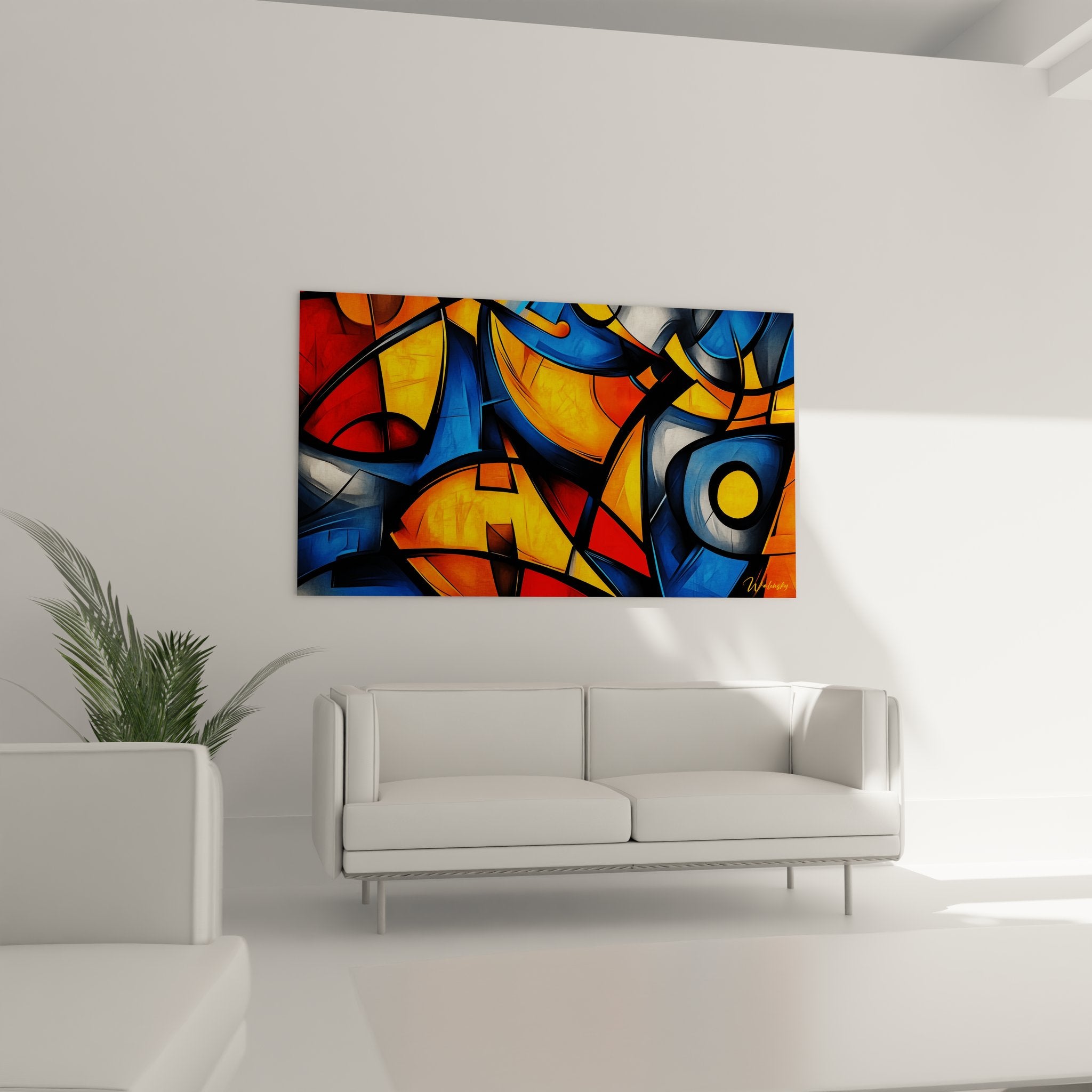 Détail rapproché tableau abstrait géométrique montrant textures et nuances couleurs formes organiques