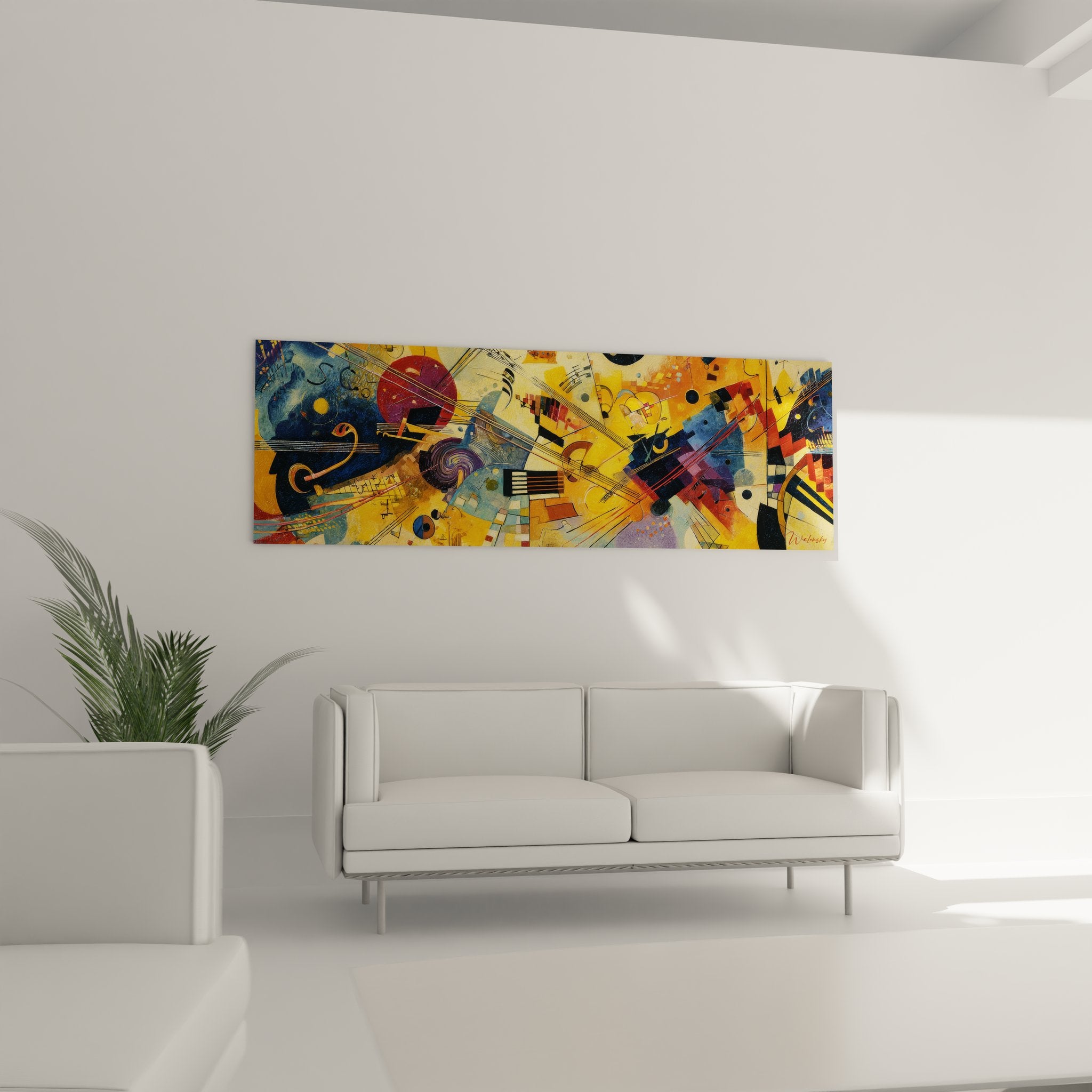 Gros plan détail tableau abstrait musical montrant violons géométriques et notes colorées