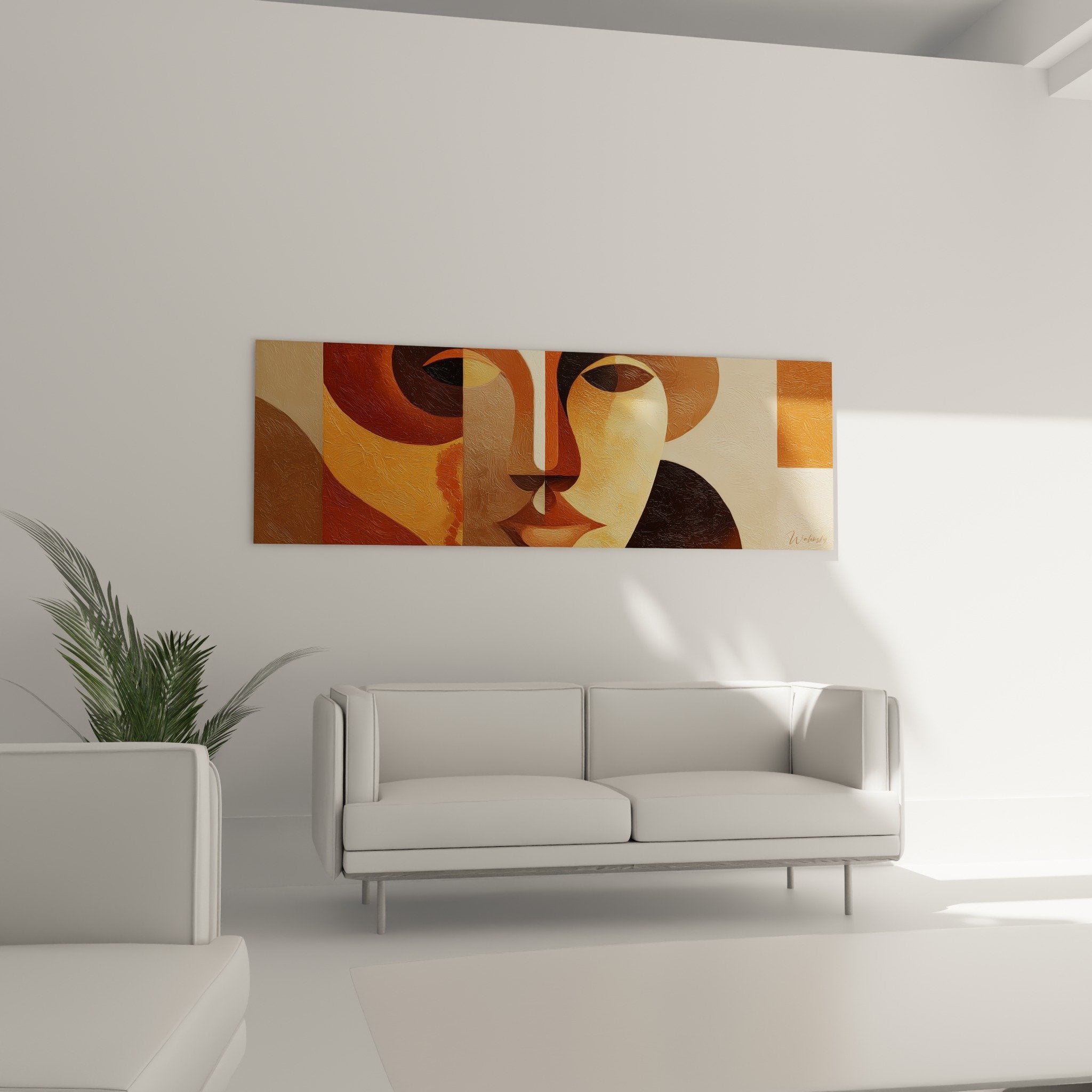 Abstract painting detail ochre orange textures curved shapes stylized face feng shui earth