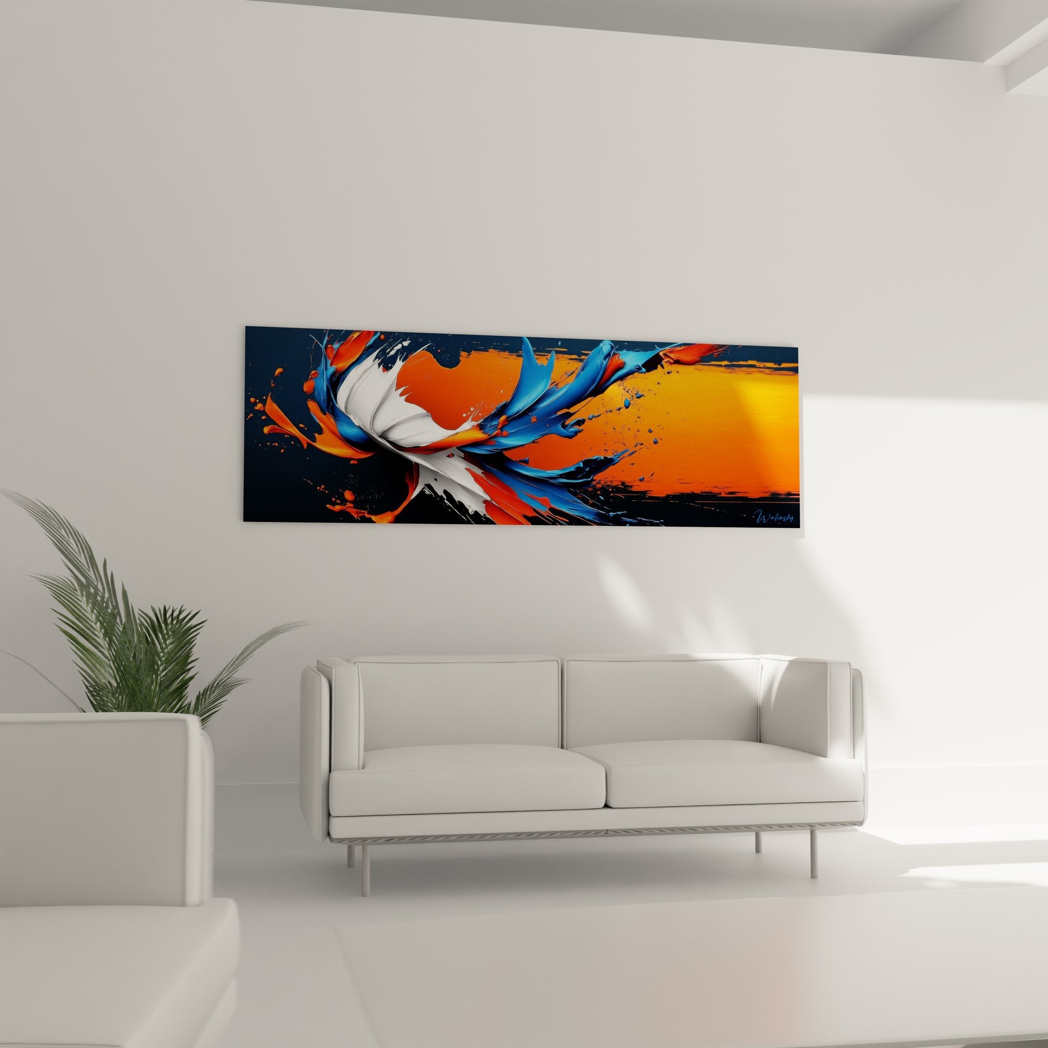 Détail gros plan tableau abstrait textures peinture orange bleu blanc art moderne minimaliste