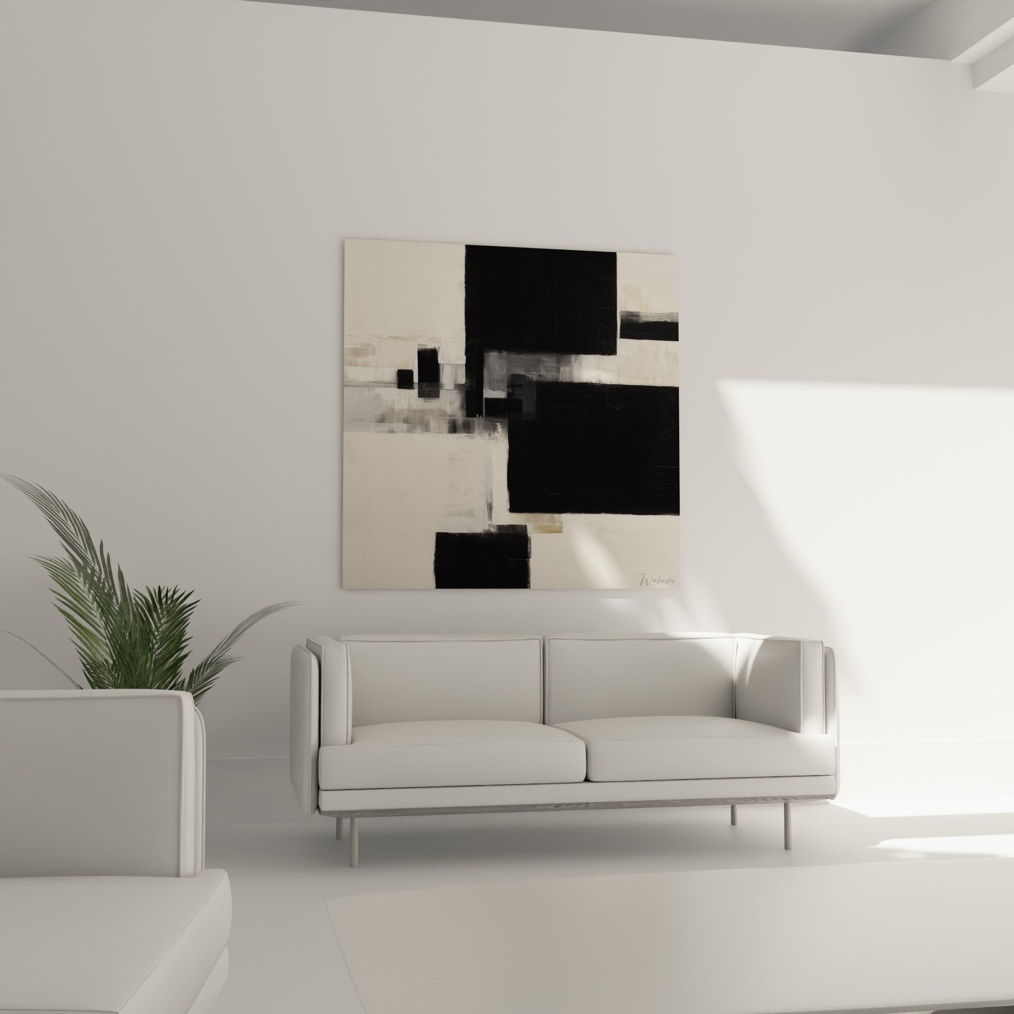 Detail abstract geometric painting overlapping black gray rectangles feng shui