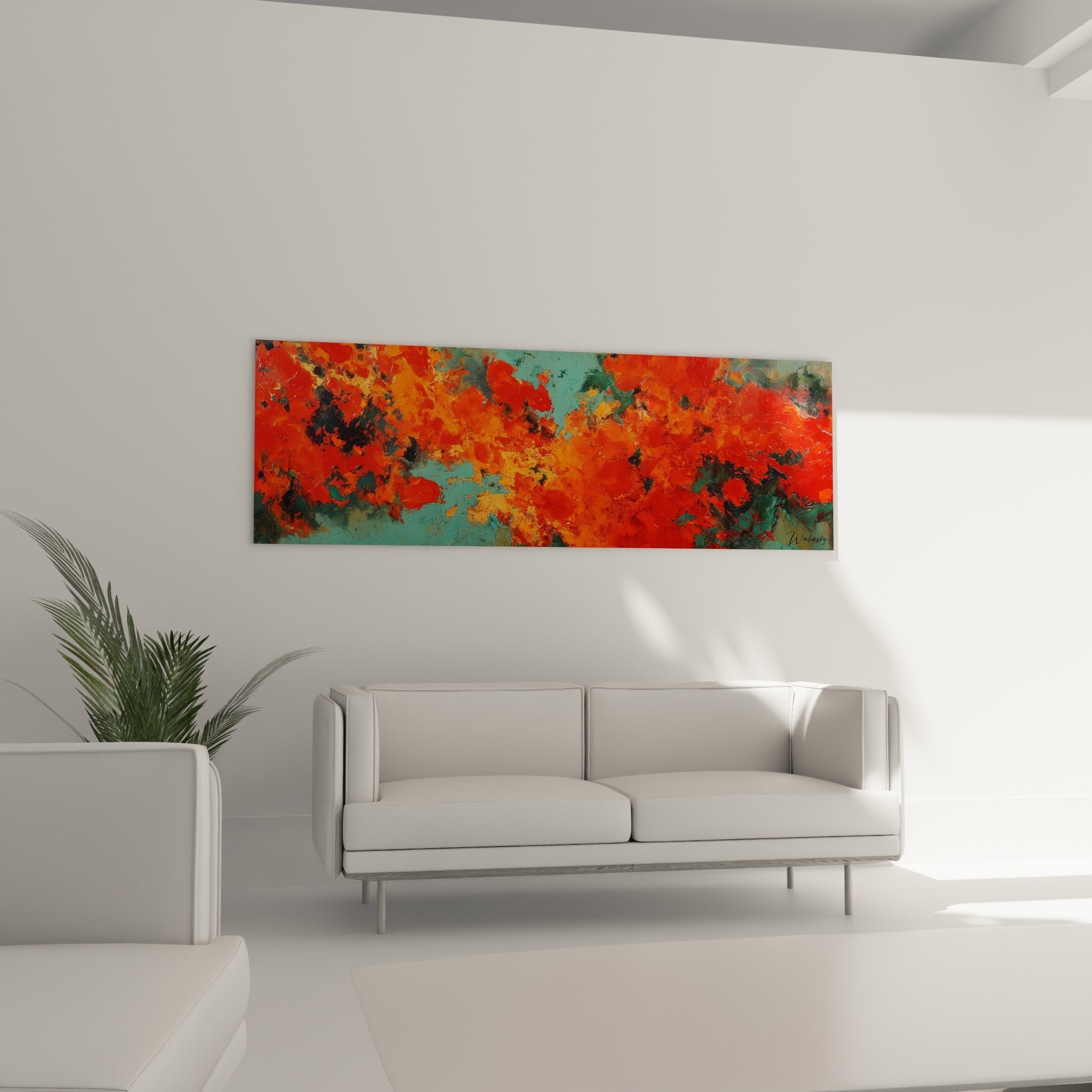 detail tableau abstrait rouge vermillon turquoise texture empate feng shui sud feu creation artistique contemporaine