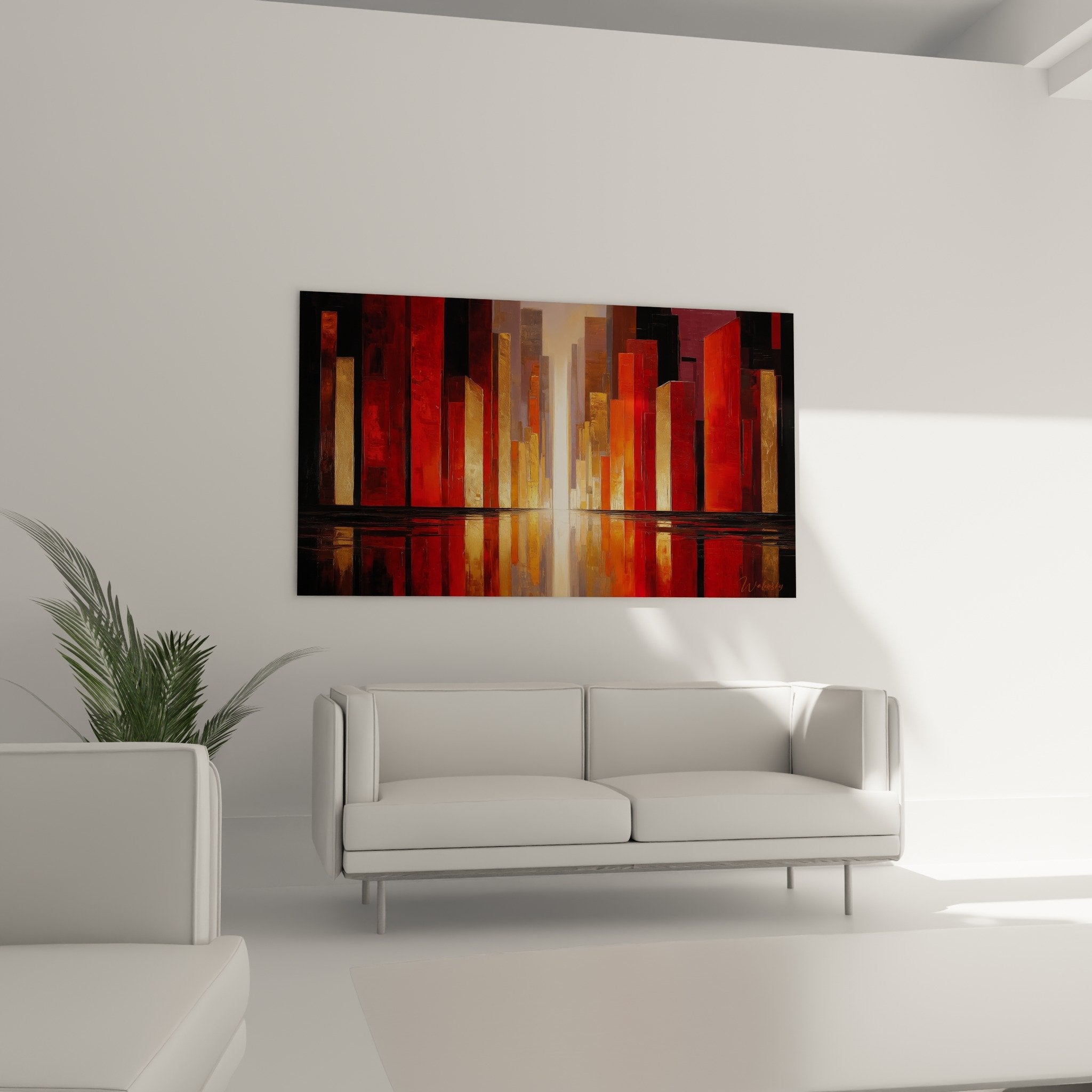 abstract painting detail red orange gold tones textured overlays transparent layers feng shui south