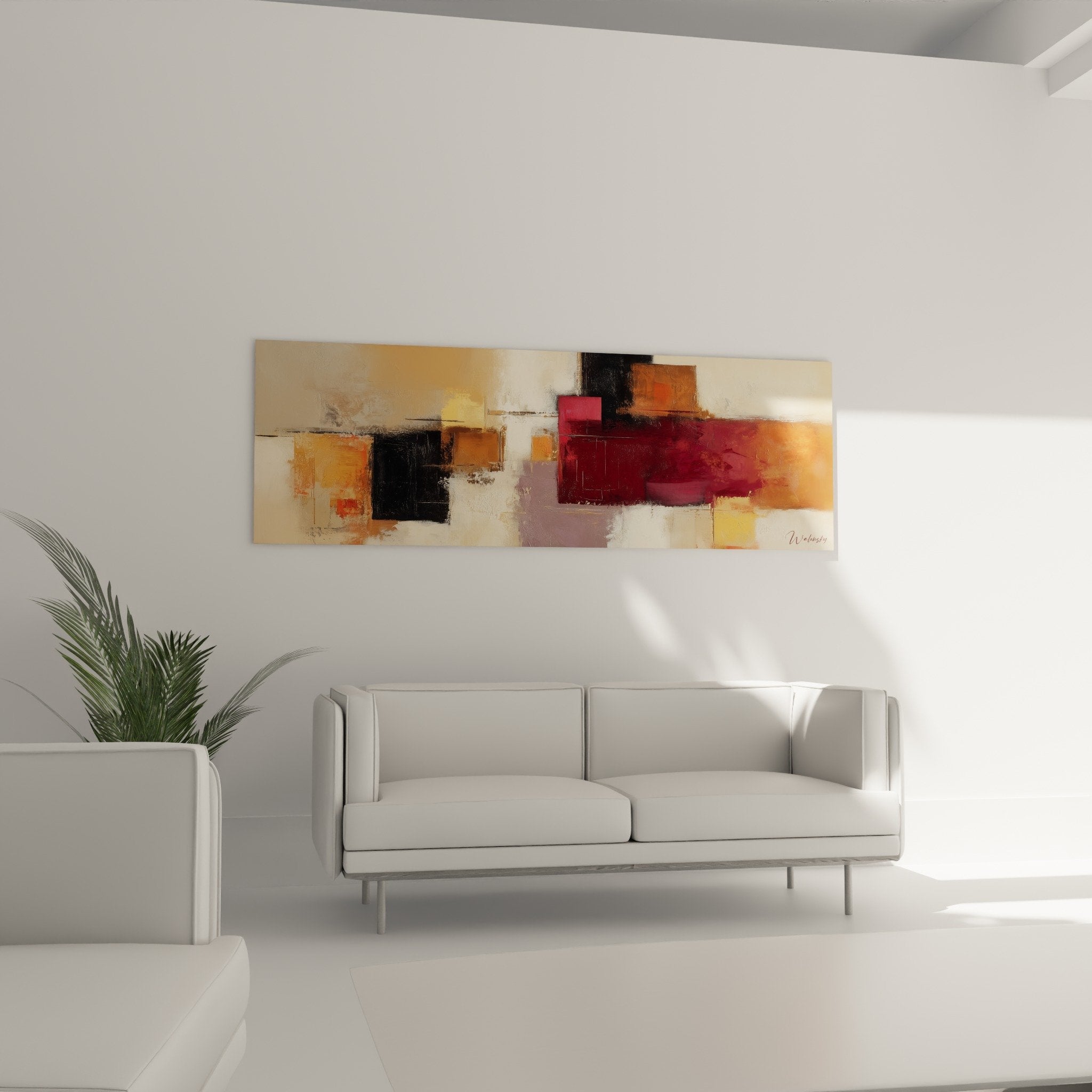 Detail tableau abstrait rouge bordeaux orange texture peinture composition geometrique moderne feng shui