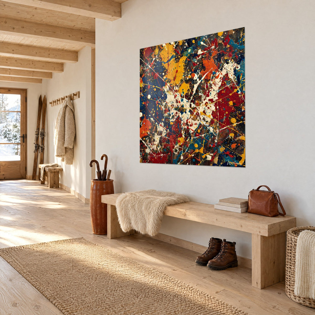 Tableau expressionnisme abstrait aux giclures ivoire sur fond bleu marine et rouge brique, vu de biais, dans une entrée en bois clair