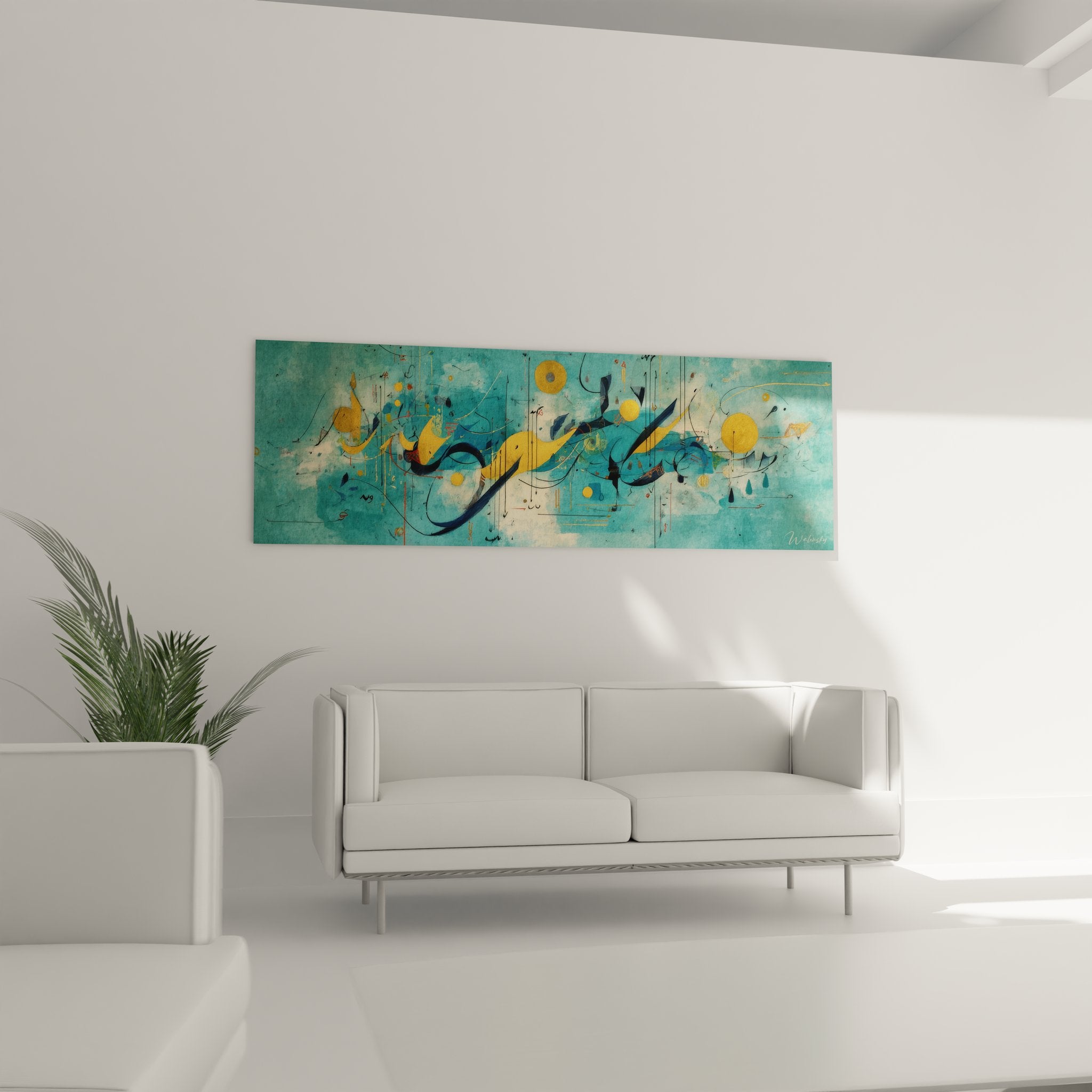 Détail gros plan tableau abstrait, textures et coulures turquoise dorées art moderne