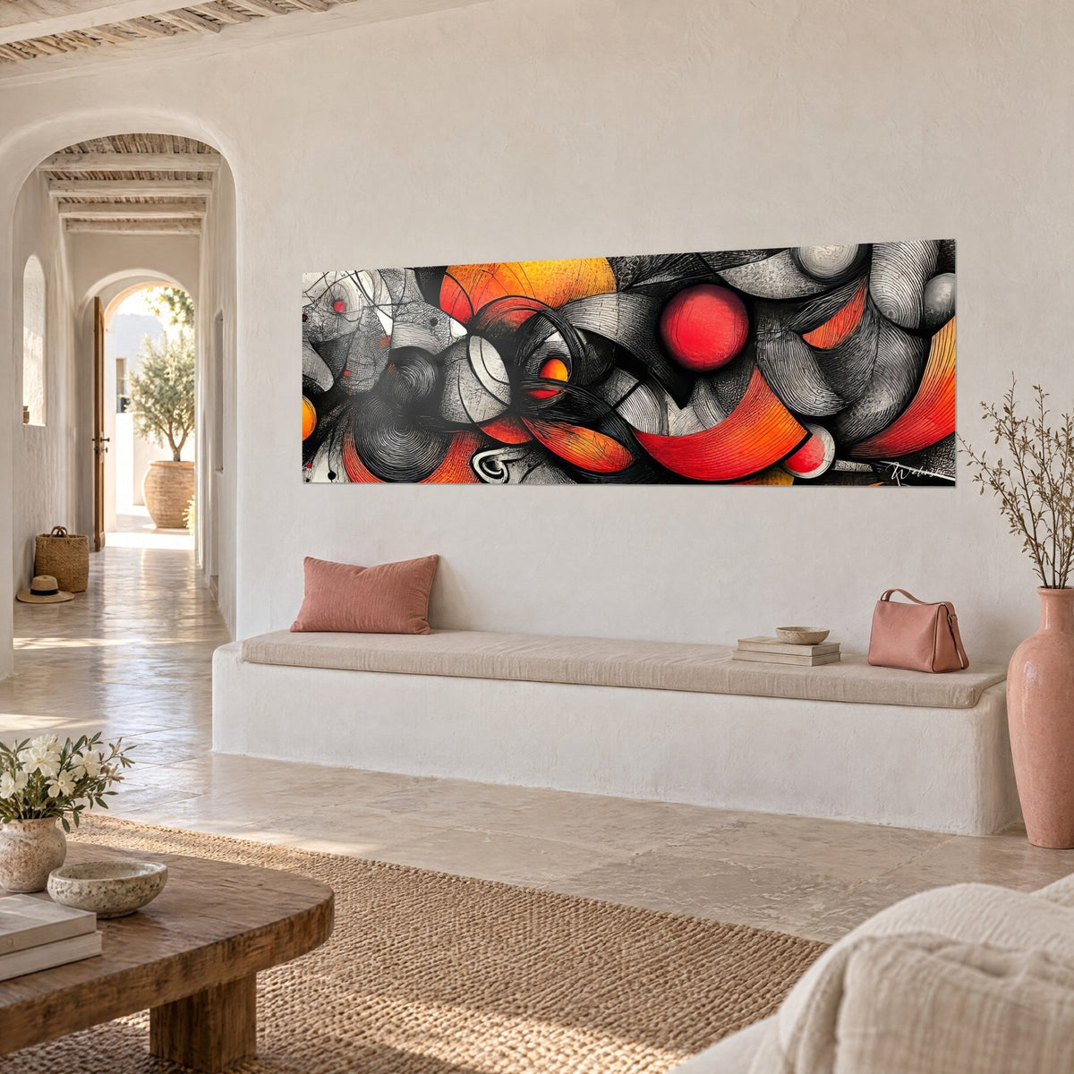 Wall art cosmic galaxy in black and orange lines, large central red bubble, above a white stone bench