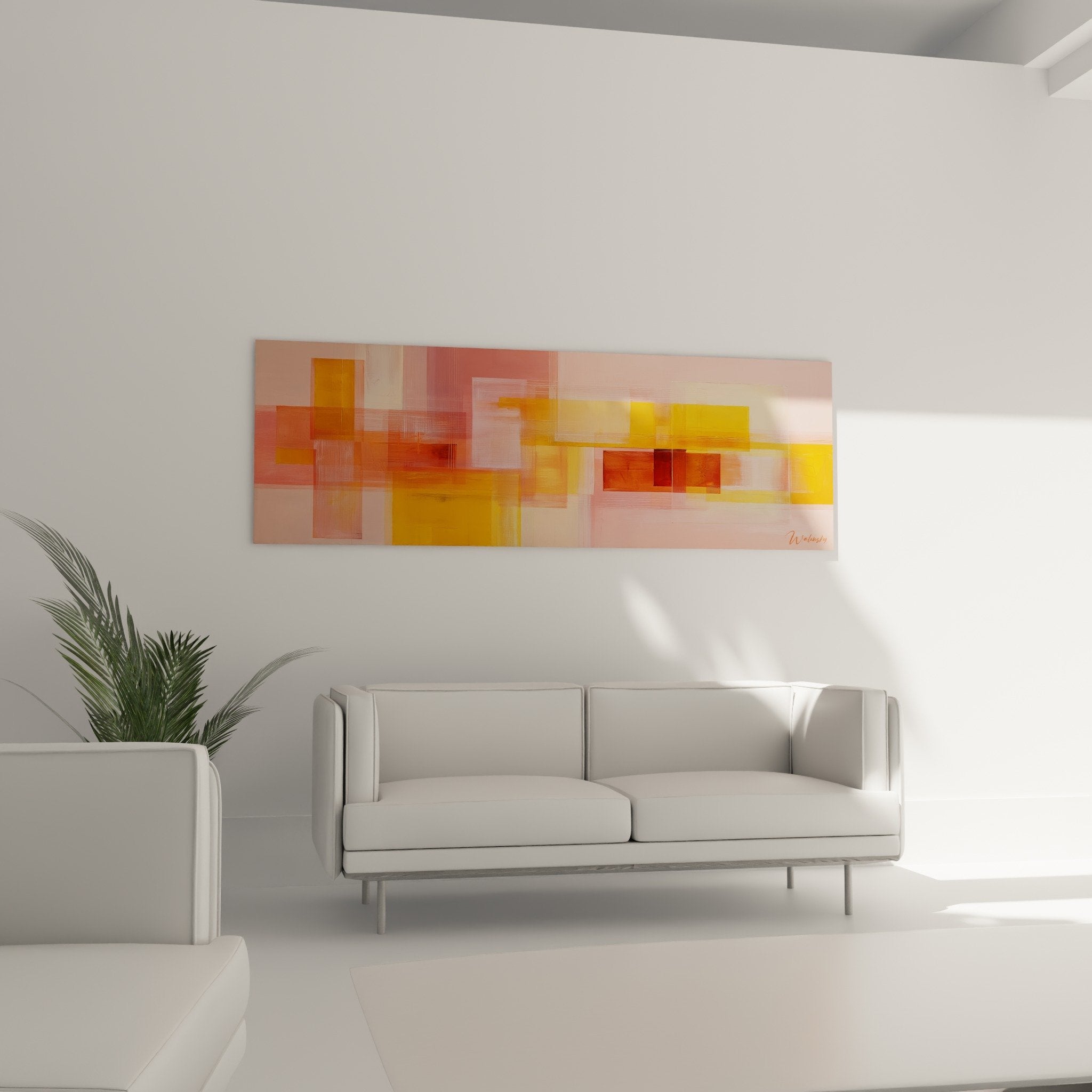 Detail abstraktes Gemälde transparente Orange-Rosa-Überlagerungen geometrische Feng-Shui Südwesten Erde