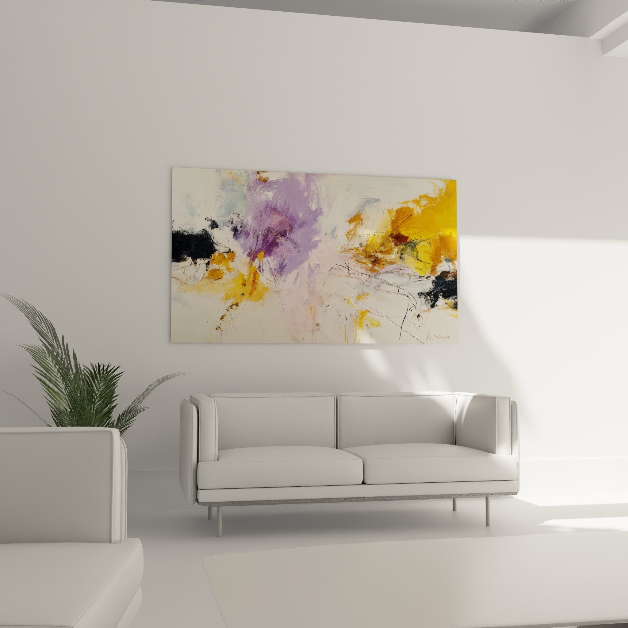 Detail abstract purple ochre painting black graphic traces expressive gesture feng shui southeast wood