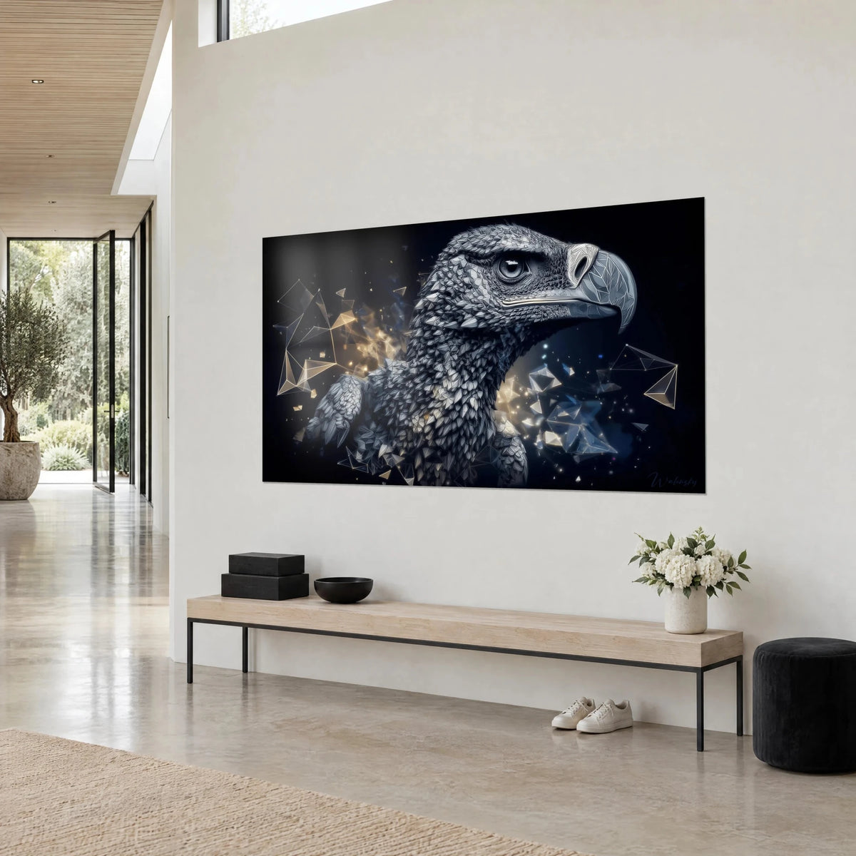 Wall art futuristic bird of prey with a curved steel-grey beak, crystalline glints of midnight blue and amber, three-quarter view, white wall of a house