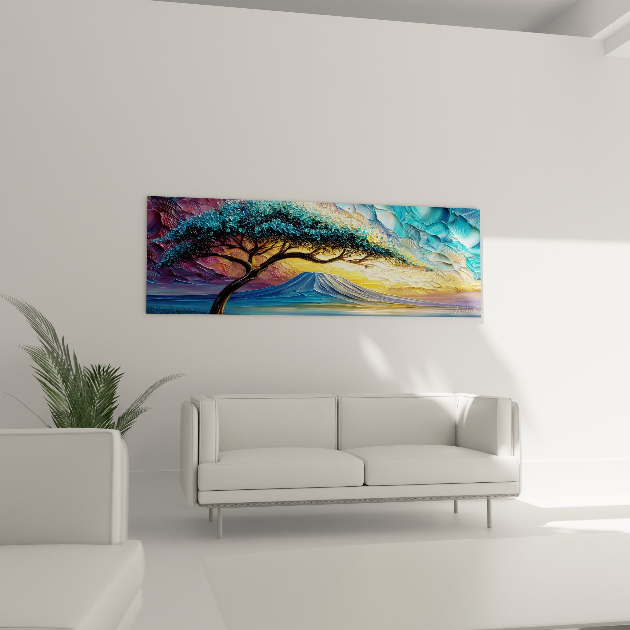 Détail tableau arbre solitaire, textures et couleurs vibrantes montagne