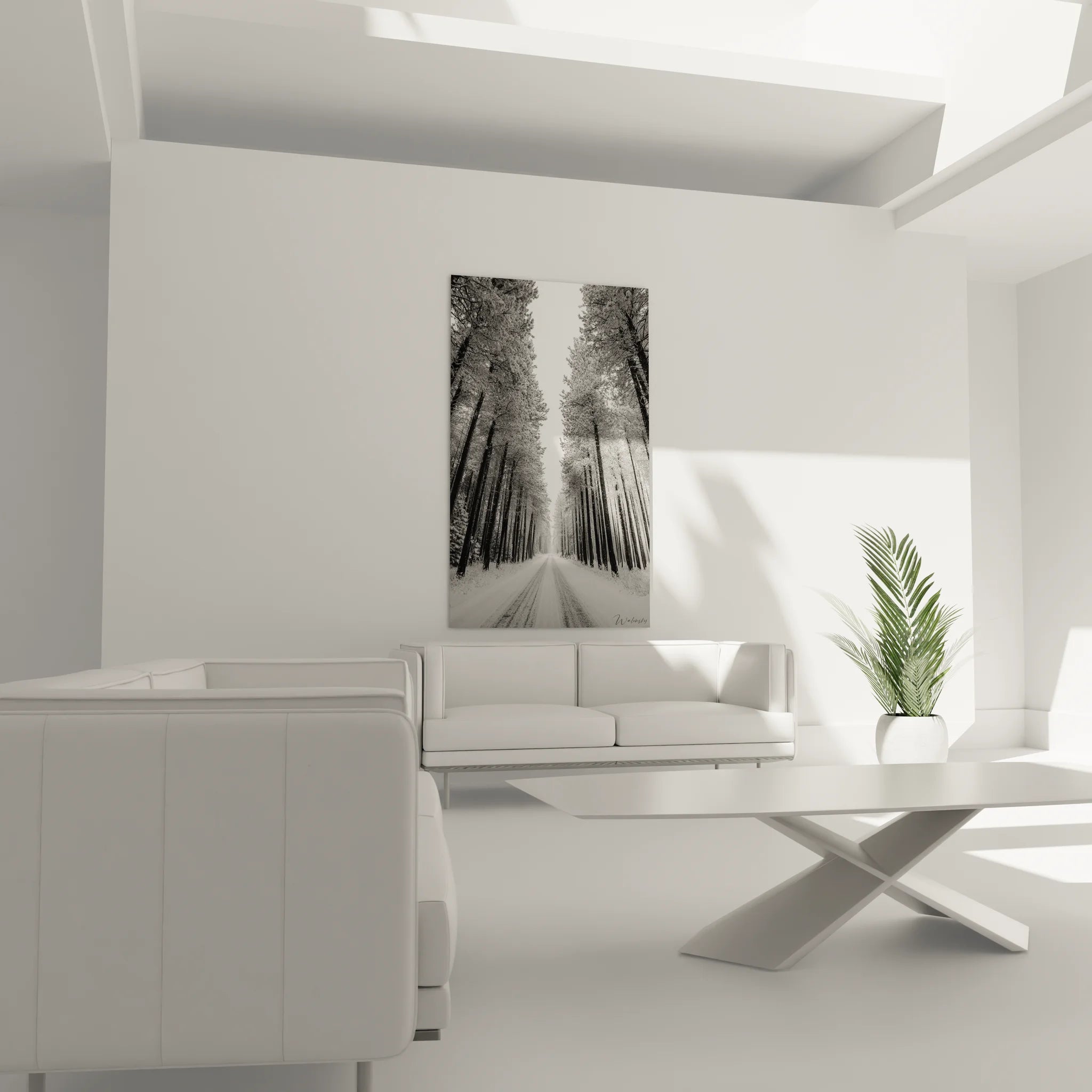 Détail tableau noir blanc arbres givrés route neige texture impression haute qualité art mural