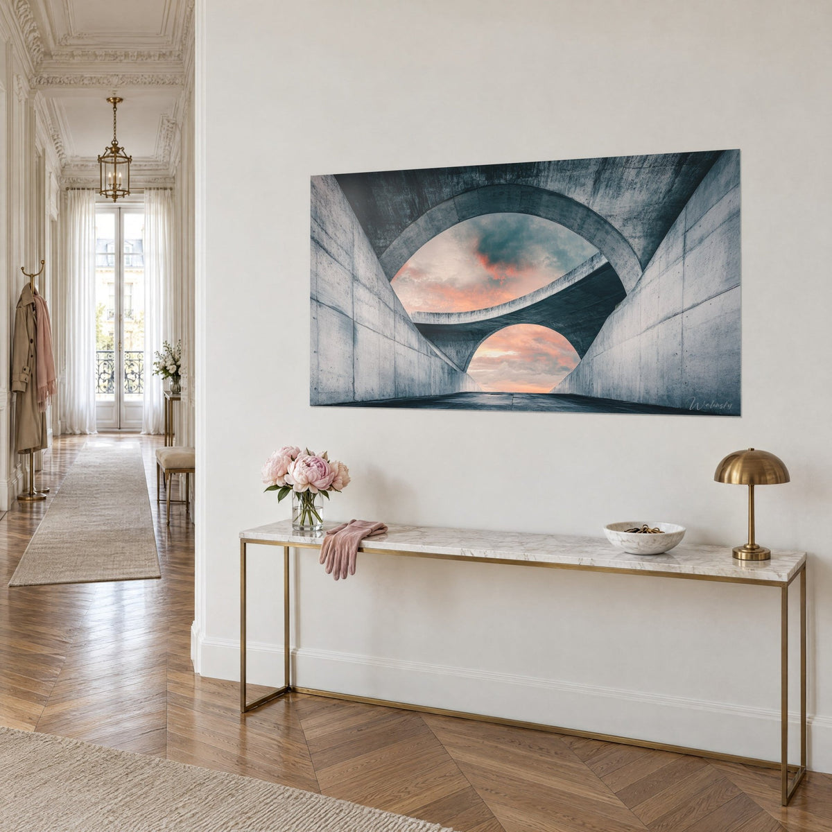 Wall art vaulted passage in grey cement opening onto a coral and slate sky, hung on a gilded console, Haussmann-style salon