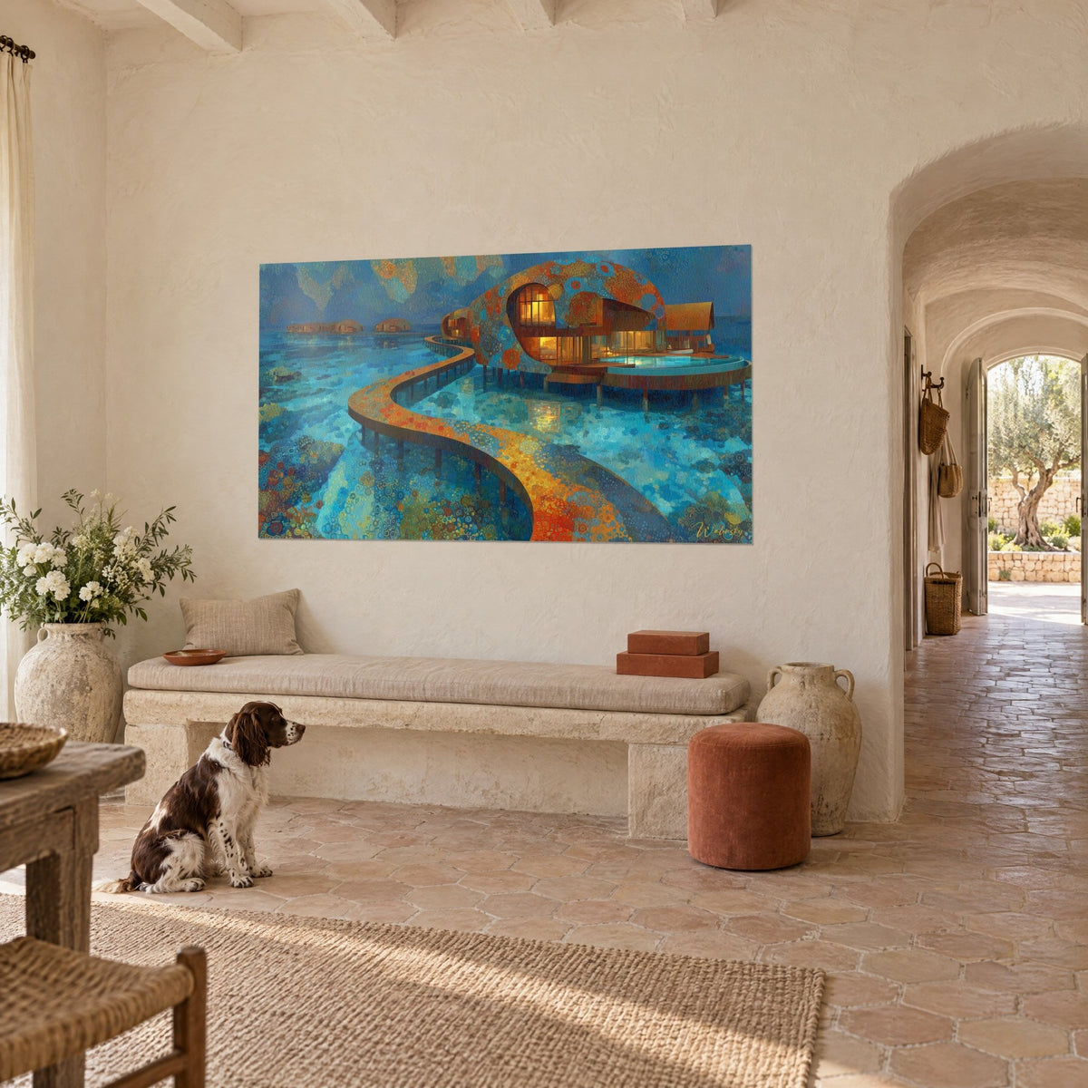 Quadro rifugio oceanico con guscio ramato, ponte arancione curvo su acque blu, casolare provenzale con spaniel seduto a terra