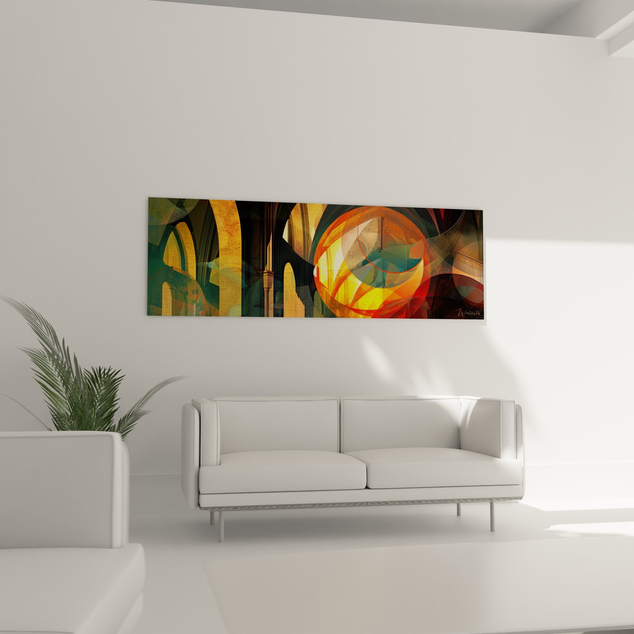 Détail rapproché tableau architecture montrant spirale colorée et transparences géométriques abstraites