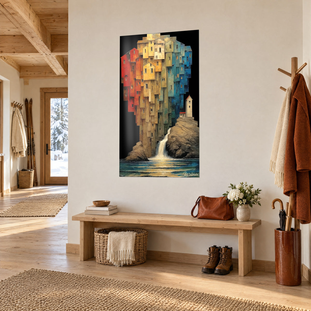 Schilderij verticale stad met bakstenerode en turquoise daken, schuimende waterval over bruine rots, driekwartaanzicht, chalet-ingang