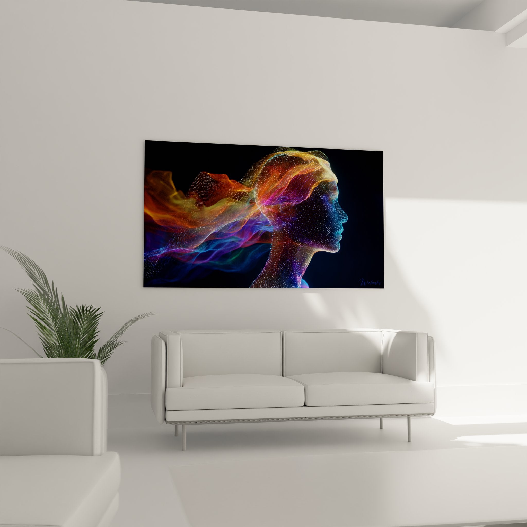 Gros plan détail tableau art digital profil femme connexions neuronales particules colorées