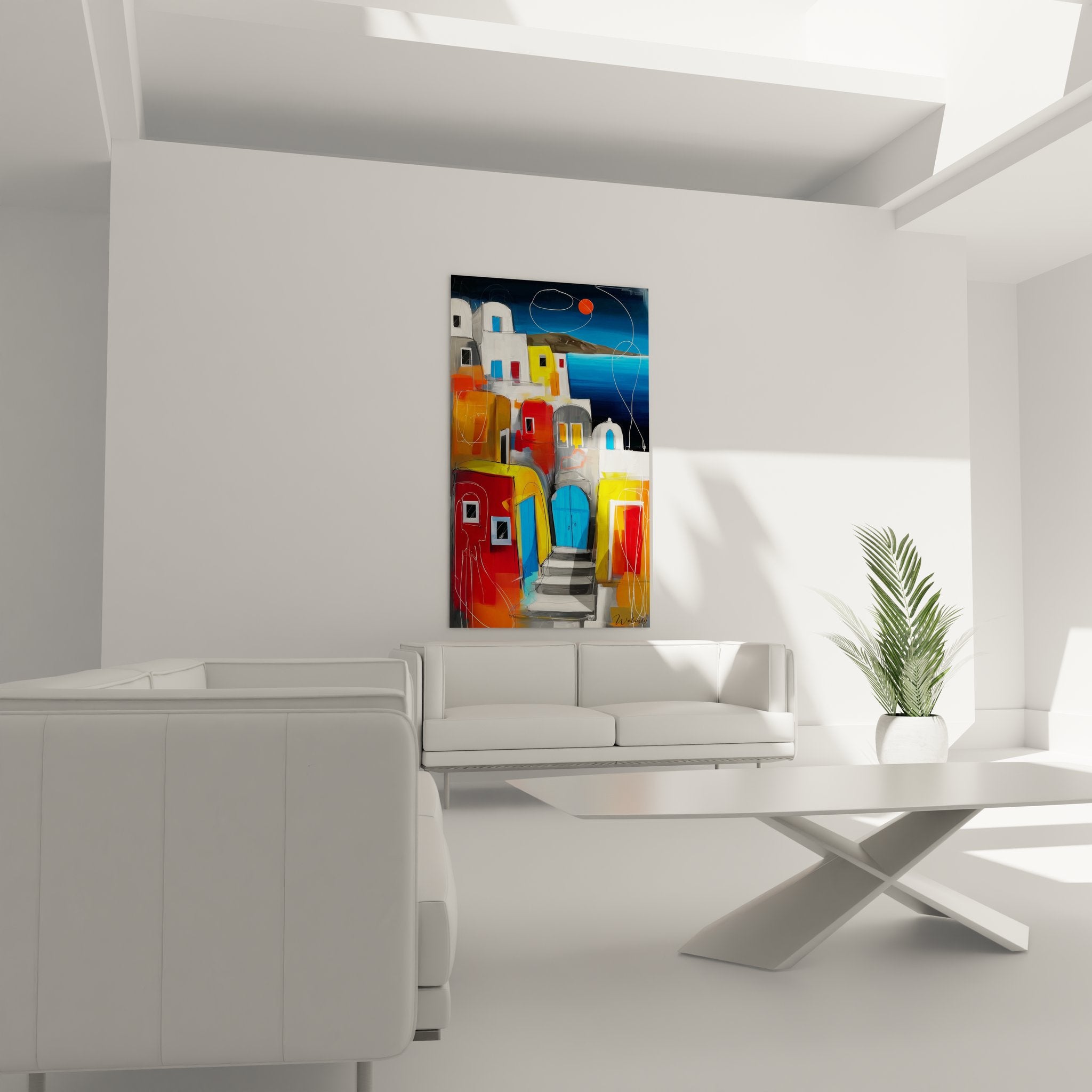 Détail tableau art méditerranéen maisons colorées architecture cyclades peinture moderne