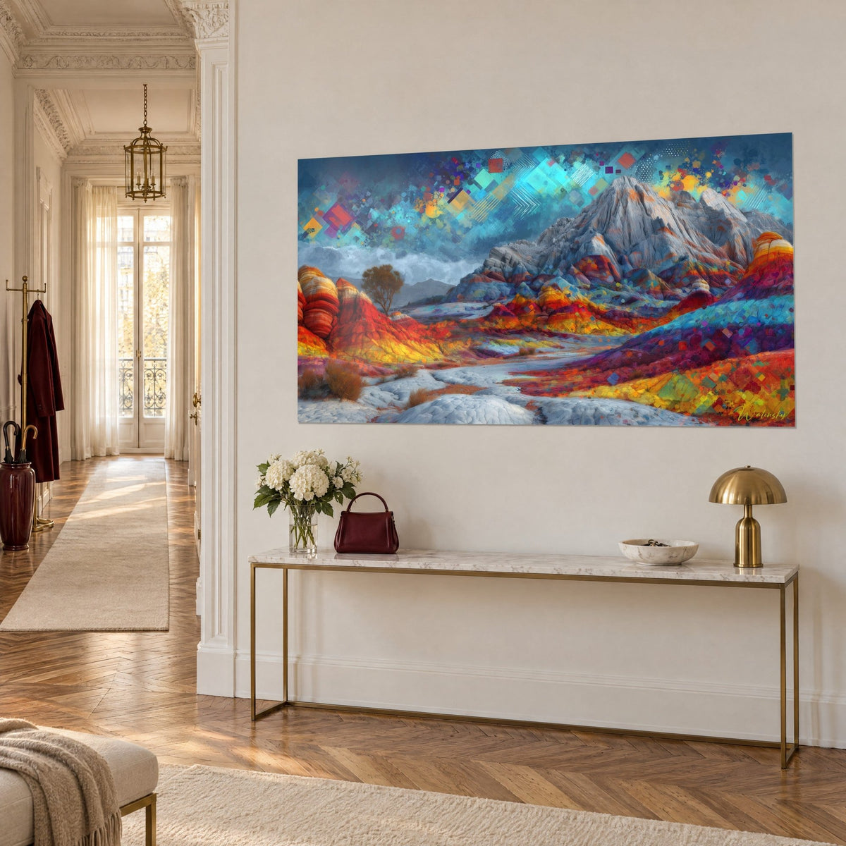 Tableau montagne abstraite aux dunes rouges et bleu azur, losanges colorés dans le ciel, sur un mur au-dessus d'une console dorée