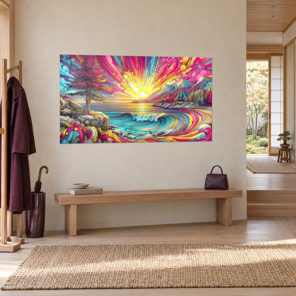 Cuadro paisaje psicodélico de bahía, brillo amarillo limón, ola azul turquesa y rocas rosa vivo, sobre pared beige, vista de tres cuartos