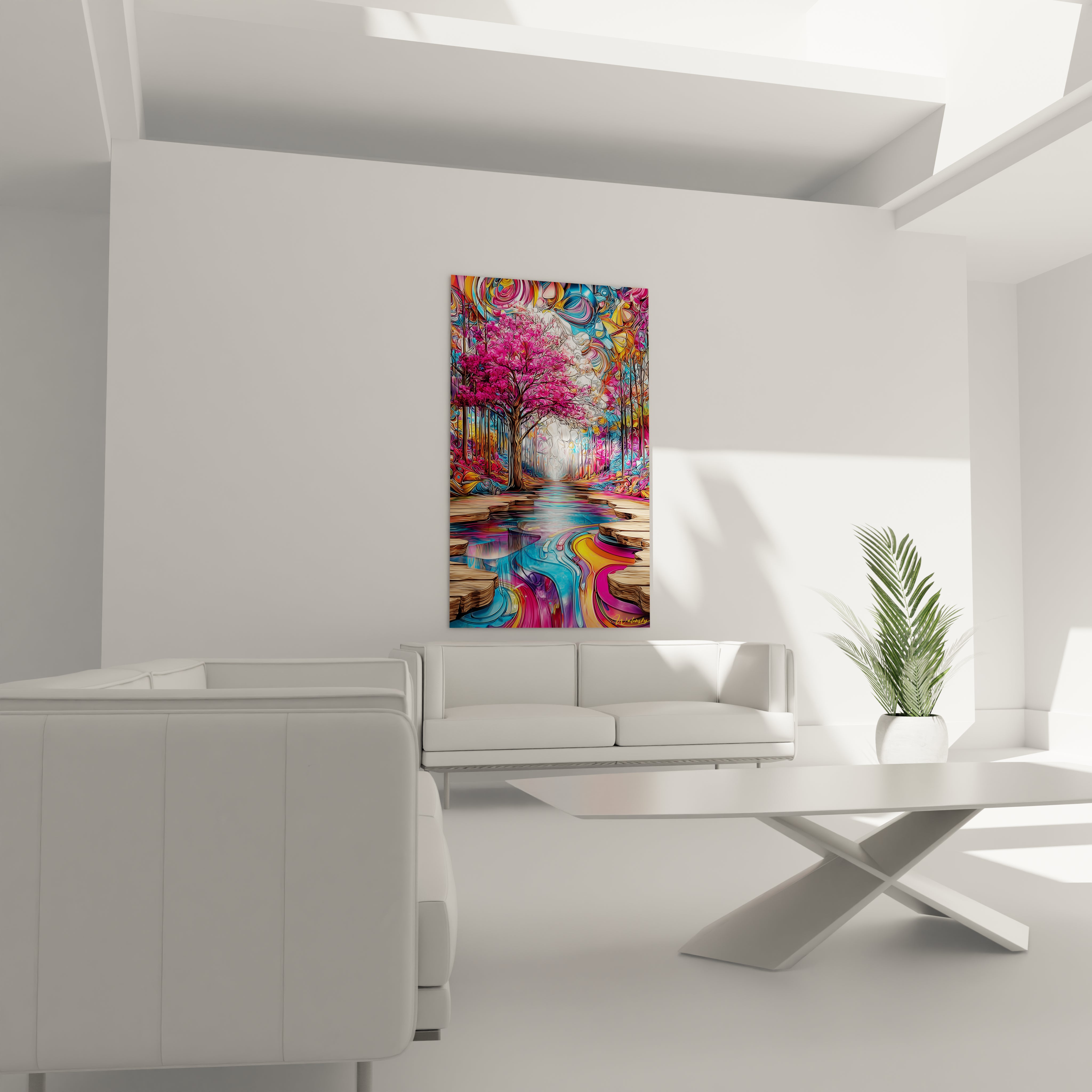 Détail tableau art psychédélique forêt, gros plan sur arbre rose et rivière arc-en-ciel multicolore