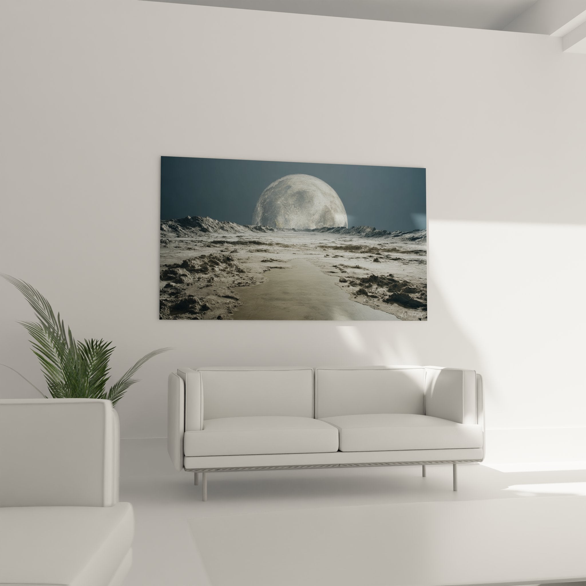 Détail tableau art spatial montrant cratères lunaires et structures futuristes - qualité premium