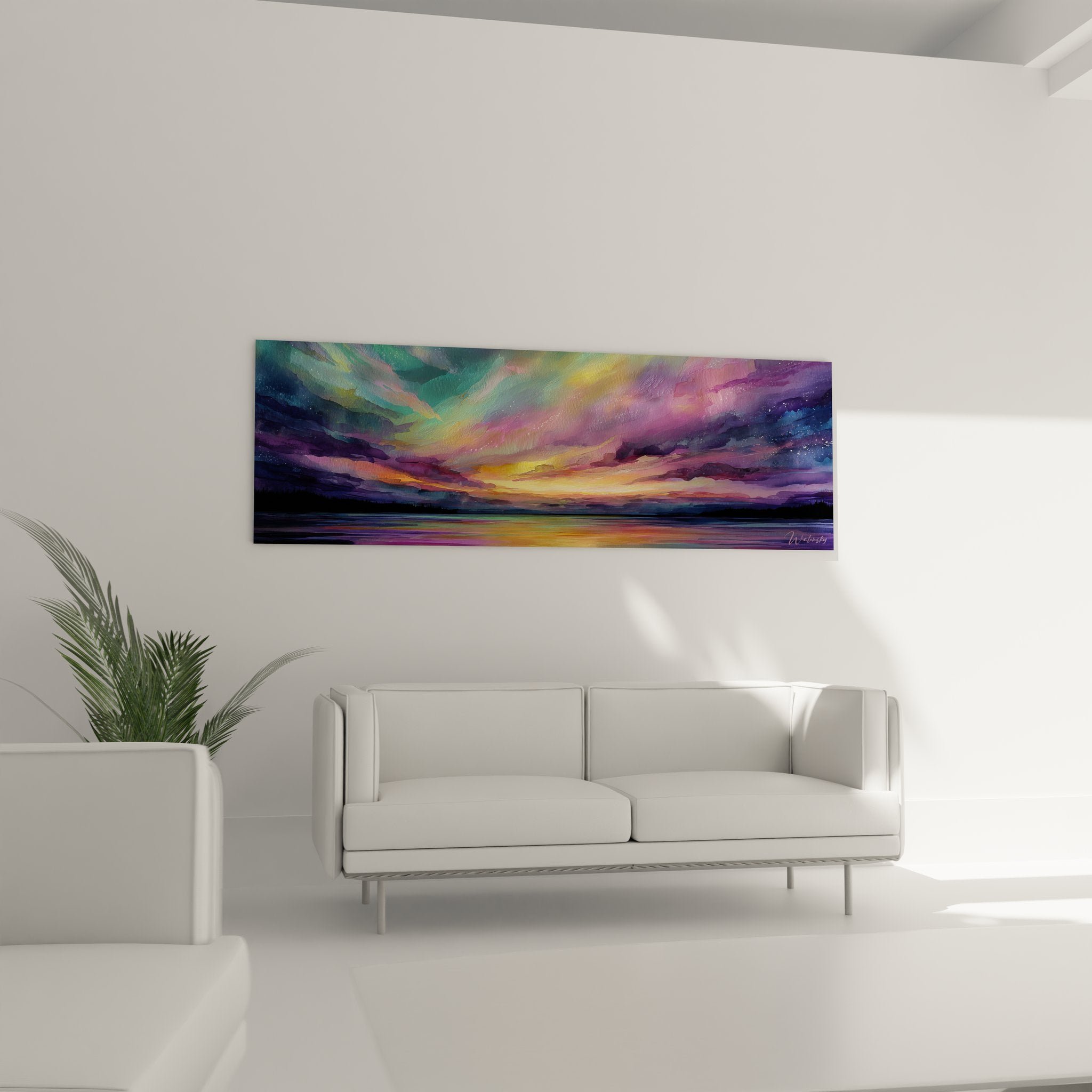 Gros plan tableau aurore boréale montrant détails couleurs cosmiques violettes roses dorées