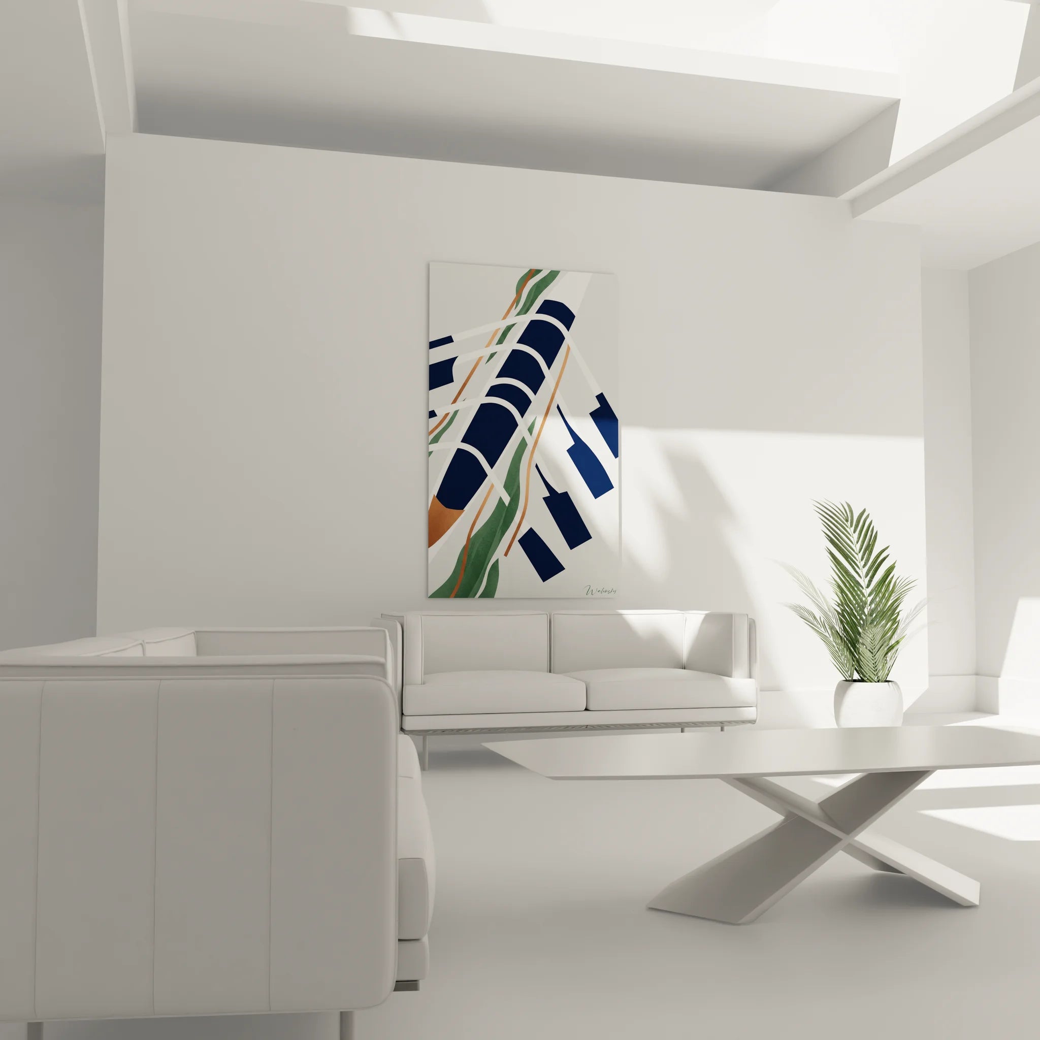 Détail tableau aviron abstrait - rames géométriques bleu marine et touches colorées orange vert