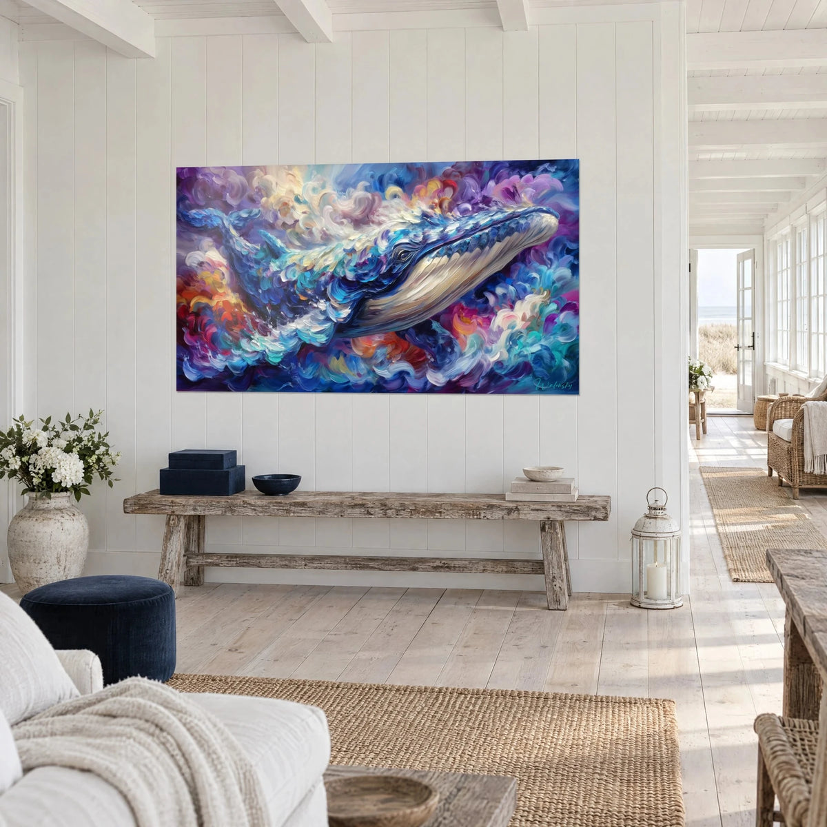 Tableau baleine à bosse en coups de pinceau épais bleu cobalt et turquoise, nuages roses, sur mur de planches blanches