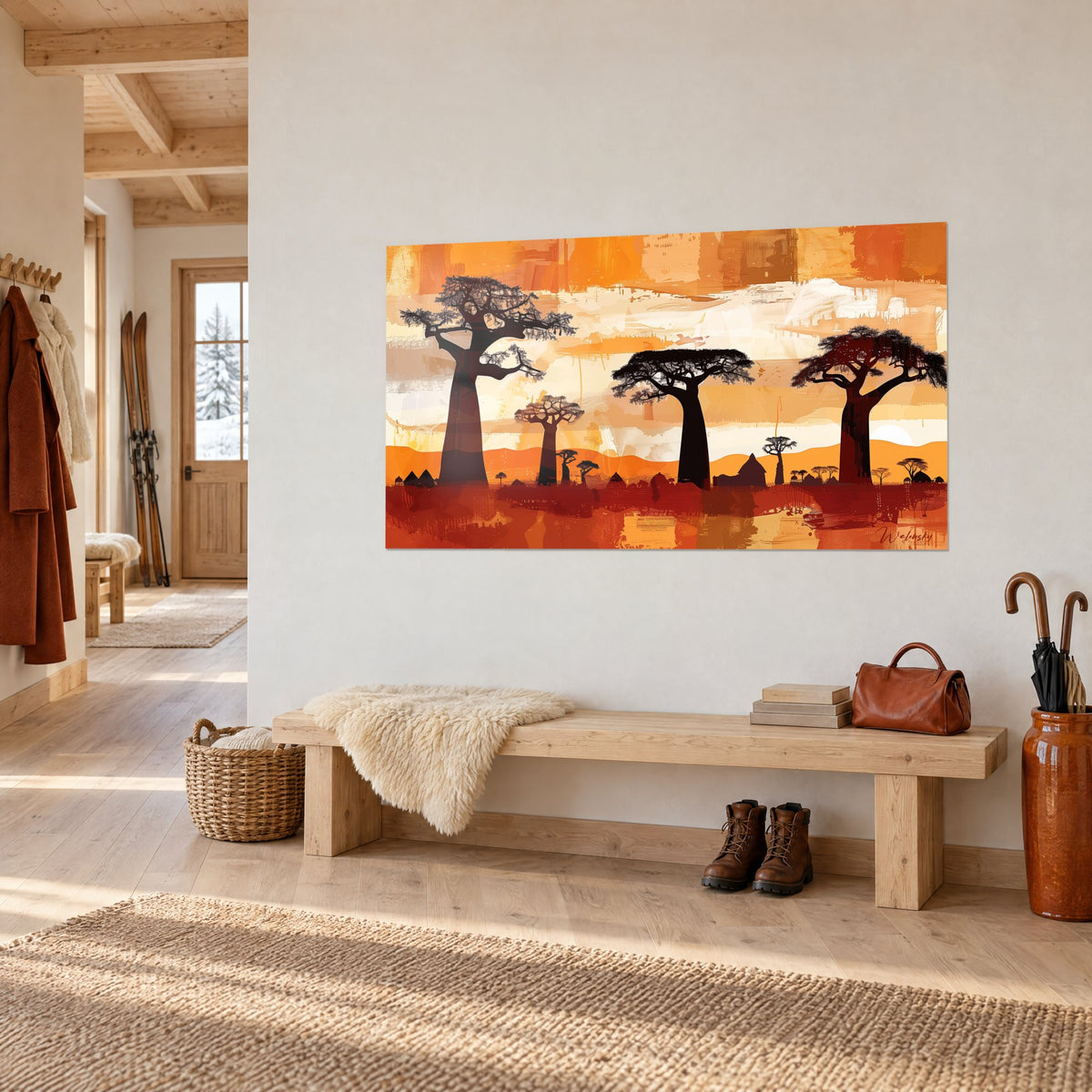 Tableau savane dorée aux baobabs noirs et strates rouille, accroché sur un mur blanc au-dessus d'un banc de bois clair